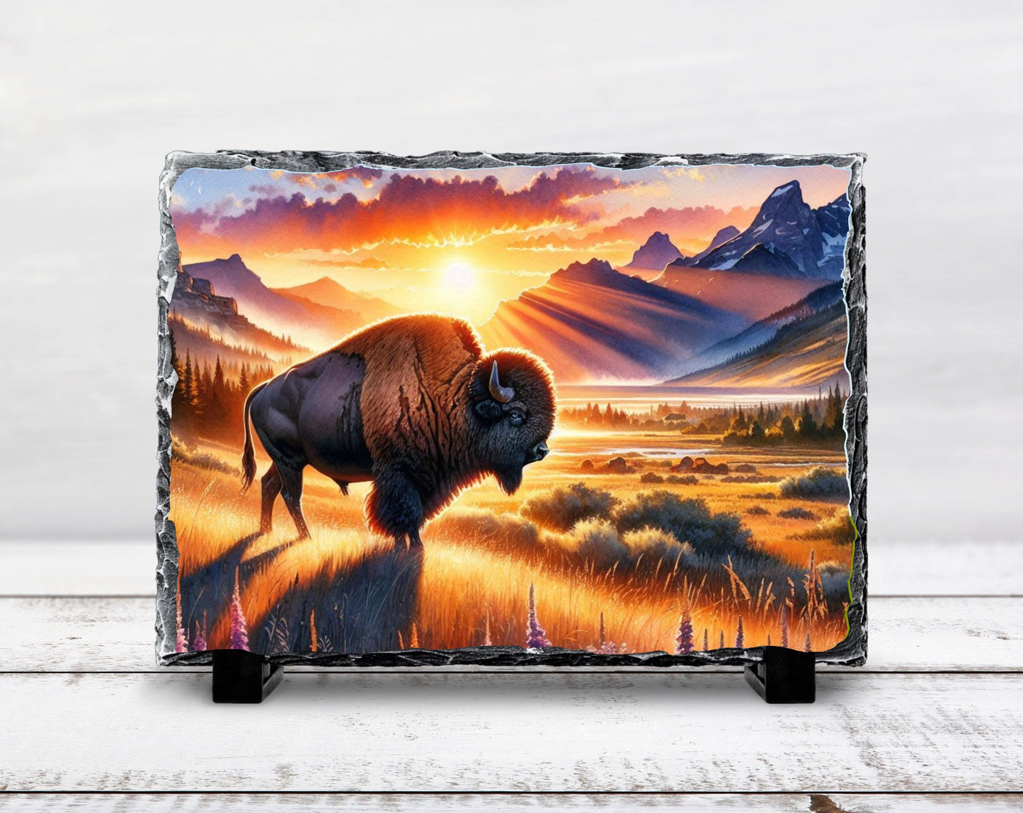 Bison Sunset Slate Sign – Rustic Buffalo Mountain Art With Fade Resistant Printing