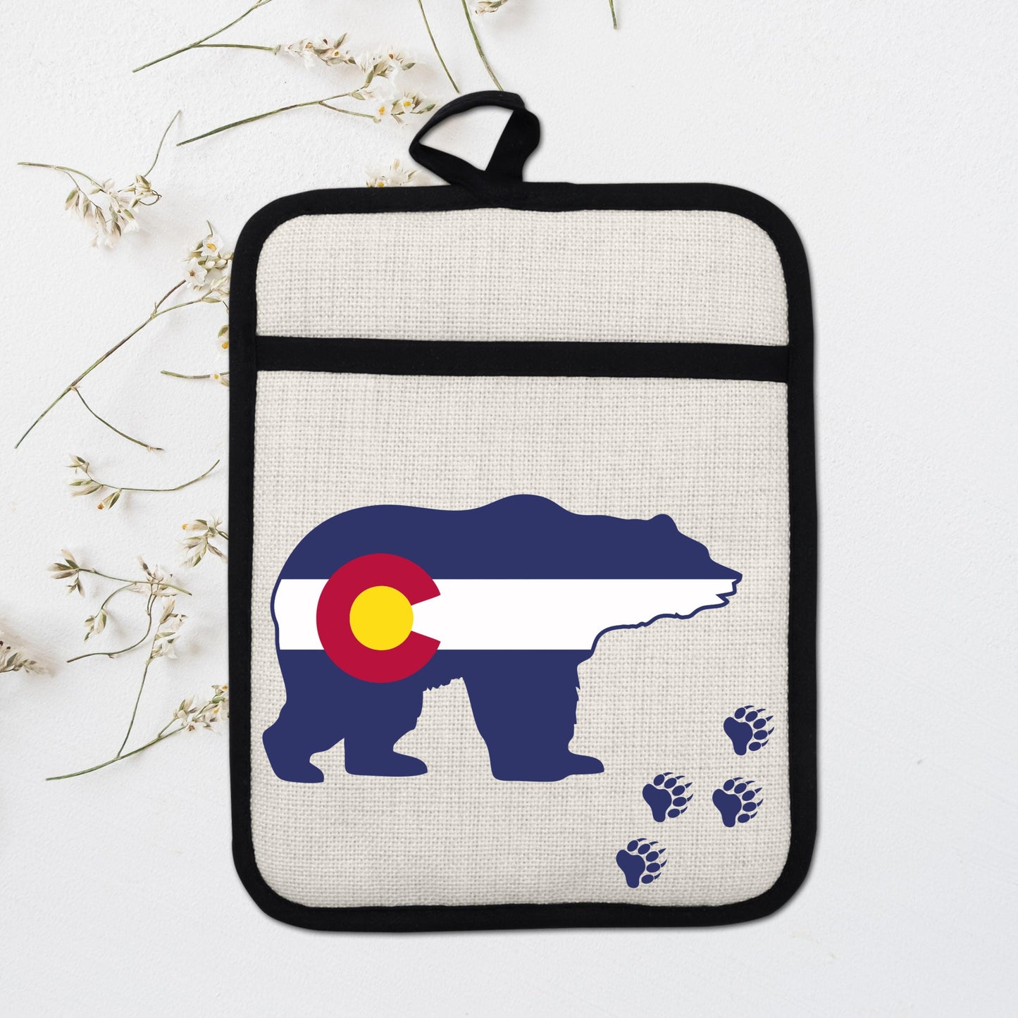 Pot Holder Oven Mitt - Colorado Bear Design | Silicone Pot Holder, Linen Fabric
