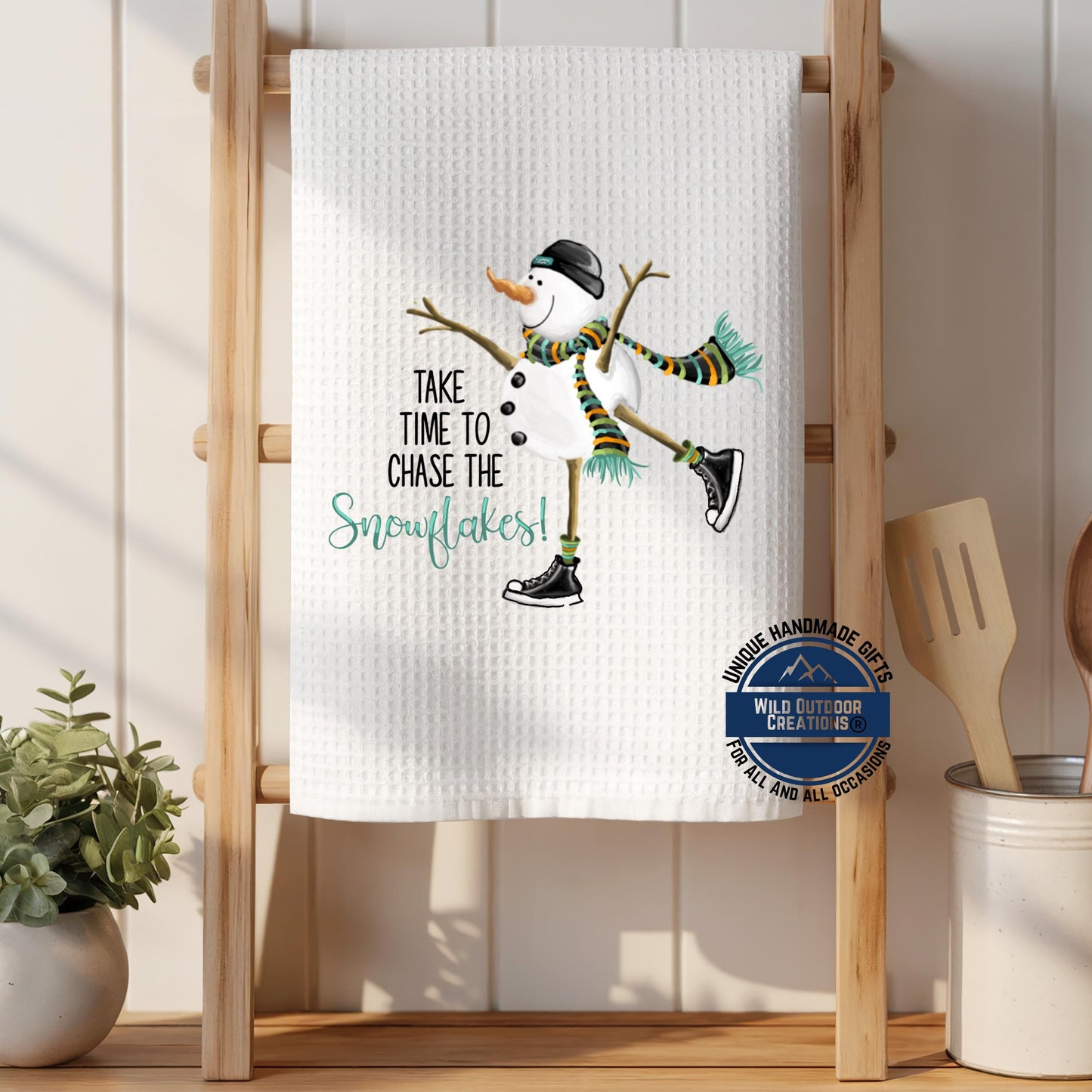 Ice Skating Snowman Kitchen Towel Chase The Snowflakes Winter Waffle Weave Holiday Decor