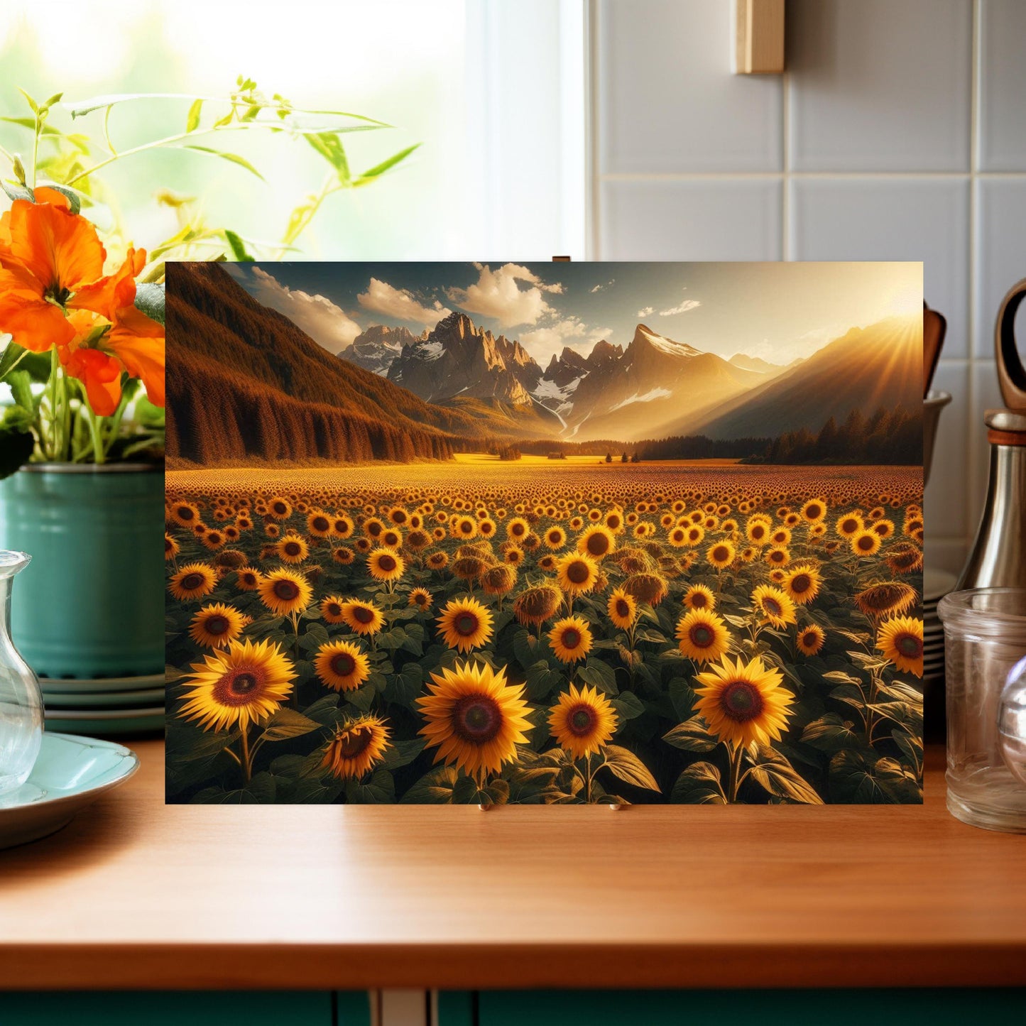 Mountain Sunset Sunflower Cutting Board, Large Glass Kitchen Board, Hostess Housewarming Gift, Charcuterie Board, Challah Board, Unique Gift
