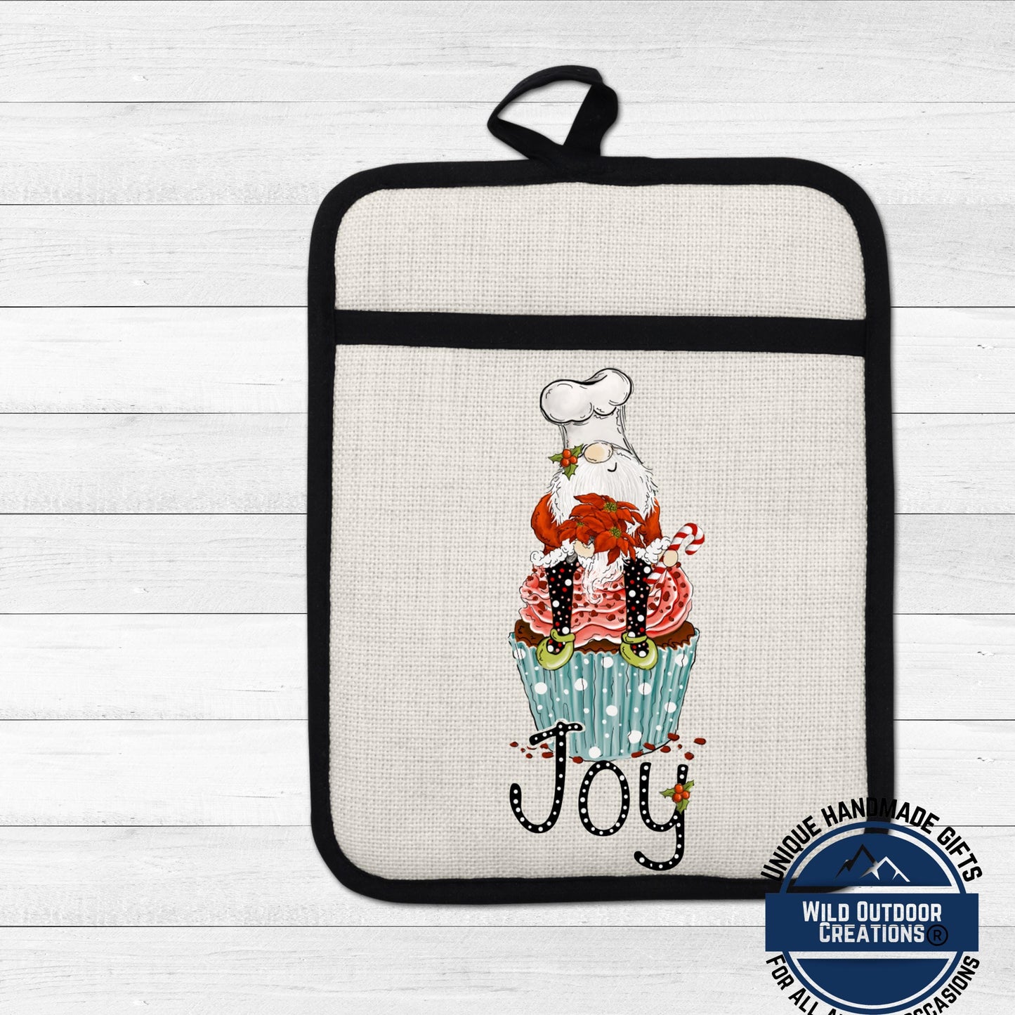 Gnome Pot Holder Linen Hot Pad Christmas Cupcake Joy Baking Kitchen Gift Decor