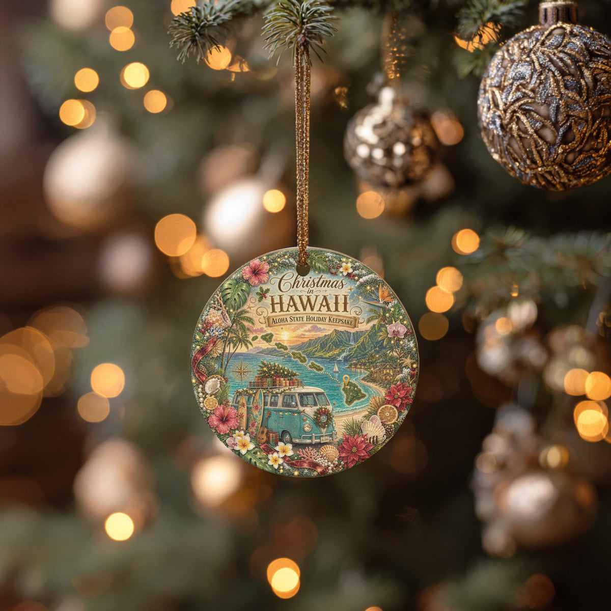 Hawaii Ornament, Vintage Van Aloha State Keepsake, 3 Inch Ceramic