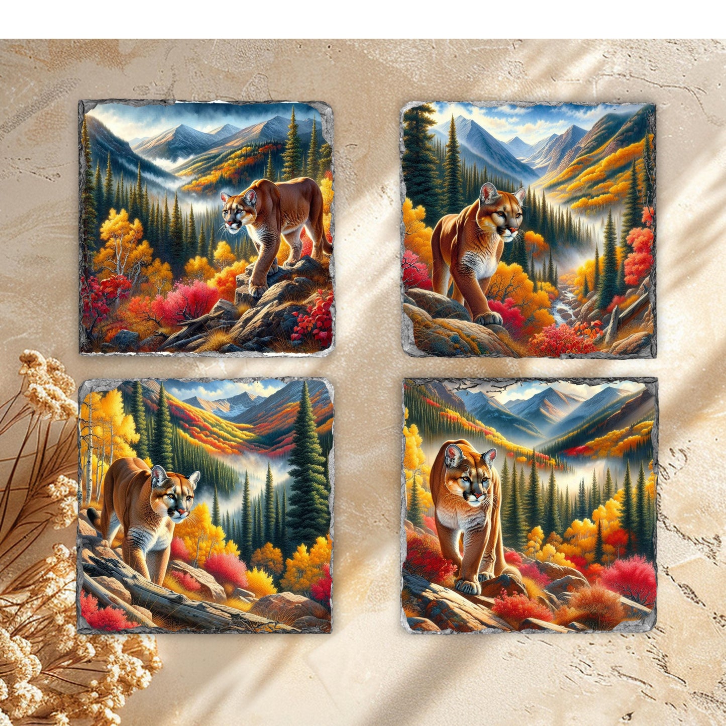 Mountain Lion Slate Coaster Set - Fall Landscape Decor for Nature Lovers