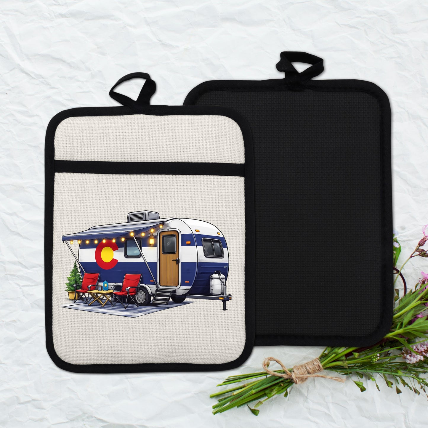 Colorado Camper Pot Holder - Linen Fabric, Silicone Heat Trivet With Loop