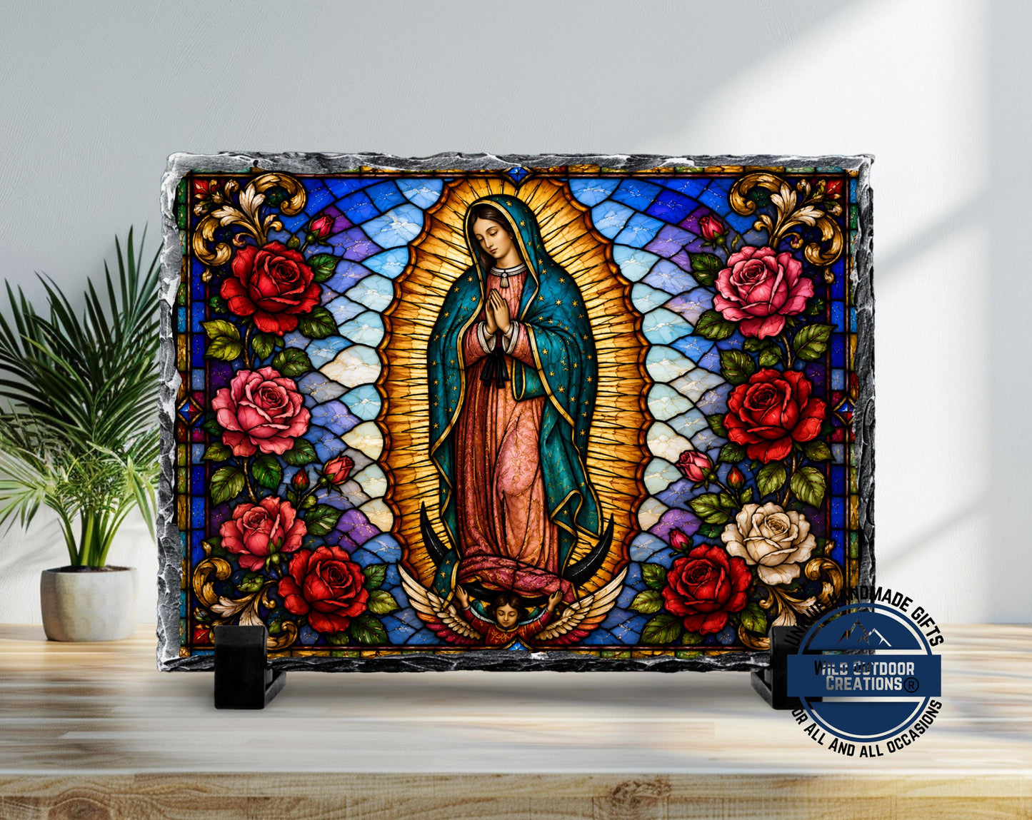 Our Lady of Guadalupe Faux Stained Glass Slate Plaque, Virgen Maria Catholic Gift
