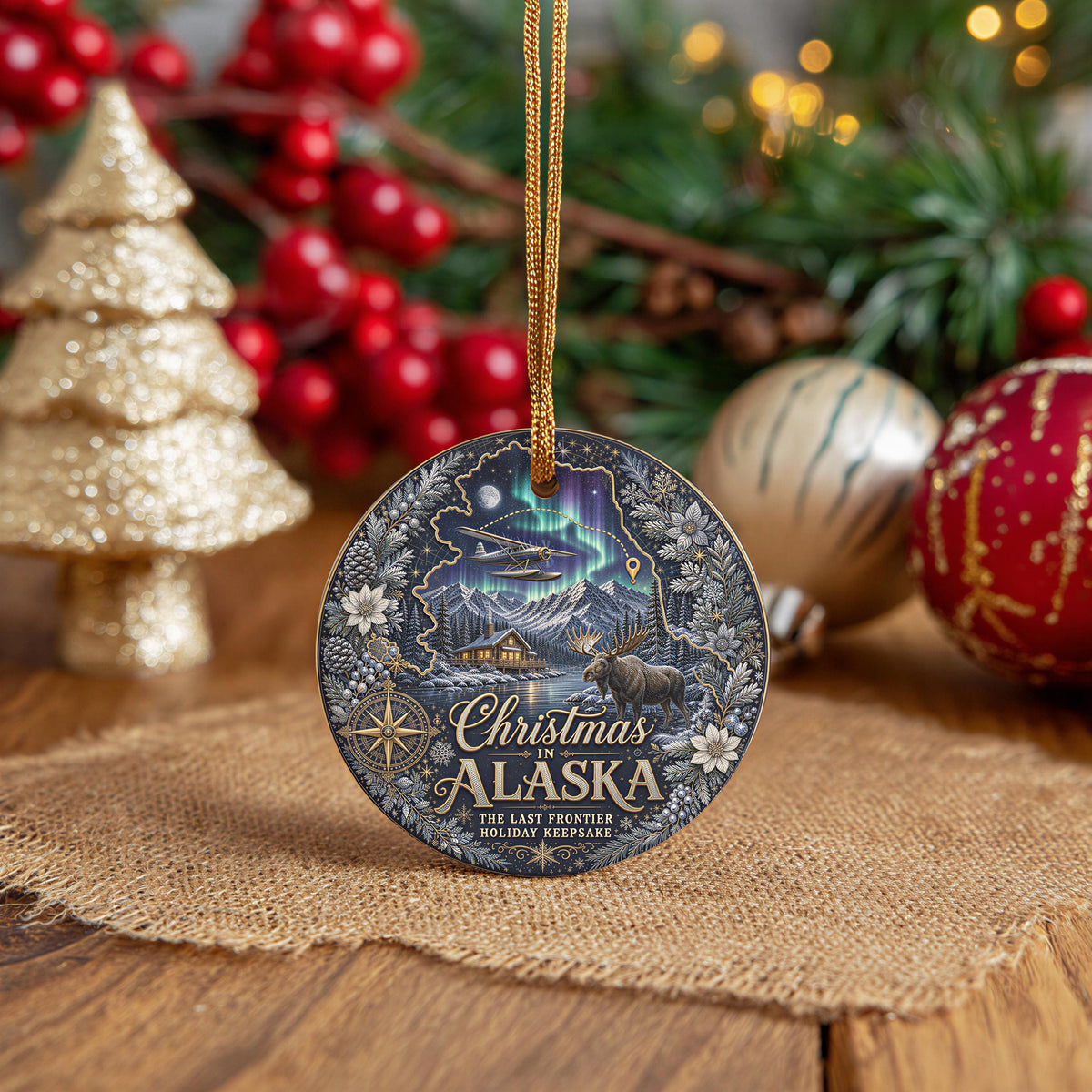 Alaska Ornament - Northern Lights Moose Cabin, 3 Inch Ceramic Tree