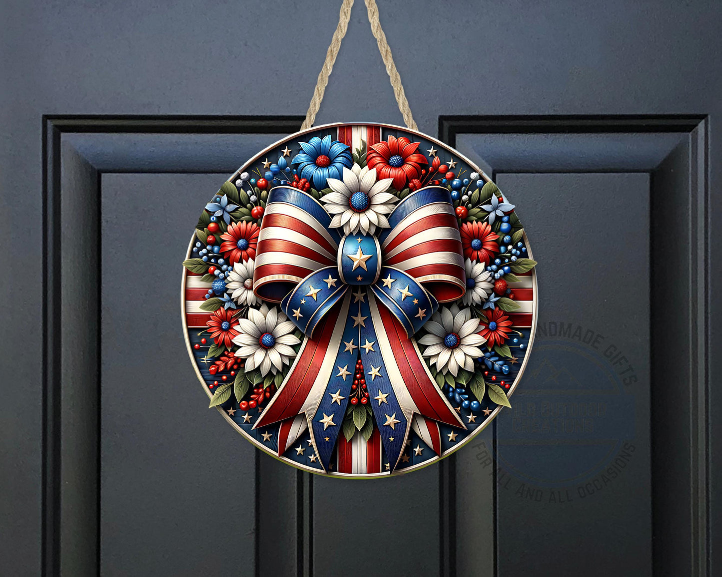 Patriotic Door Hanger – Aluminum Door Sign with American Flag Bow & Floral Design