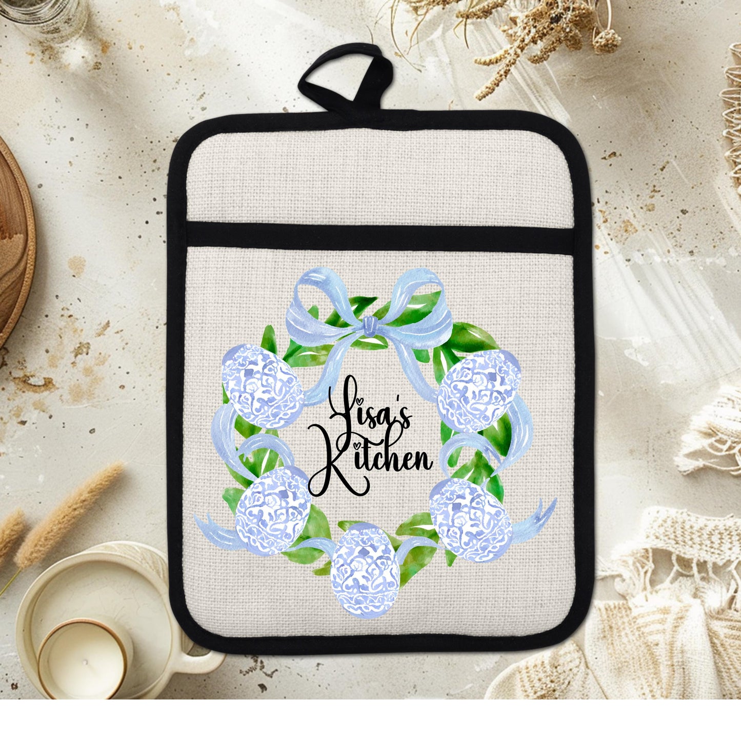 Personalized Easter Wreath | Non-Slip Pot Holder, Blue & White Chinoiserie Style Decor Gift - scale and size reference