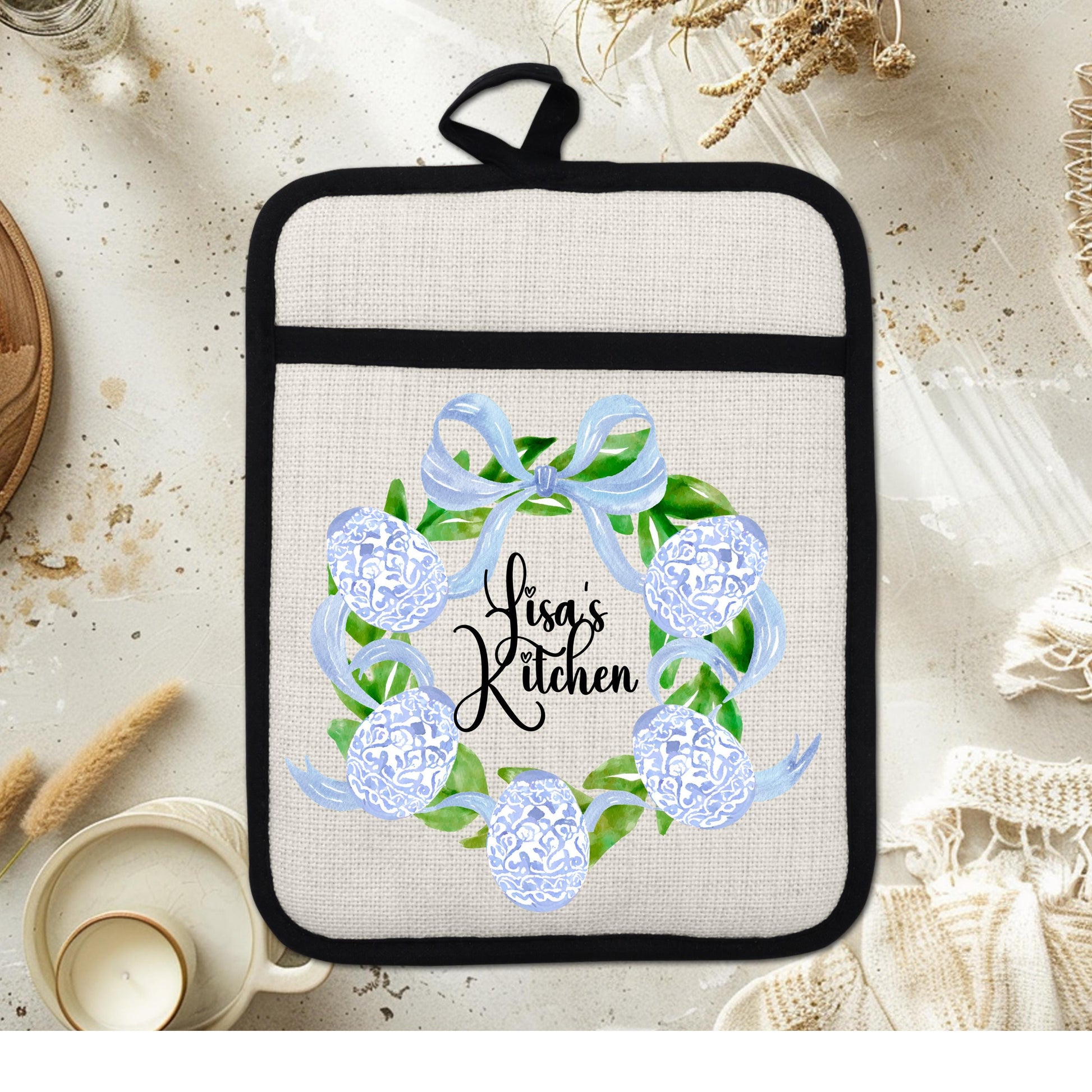 Personalized Easter Wreath | Non-Slip Pot Holder, Blue & White Chinoiserie Style Decor Gift - scale and size reference
