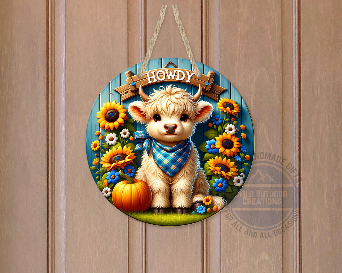 Farmhouse Door Hanger - Aluminum Round Sign with Highland Cow Decor, Blue Plaid