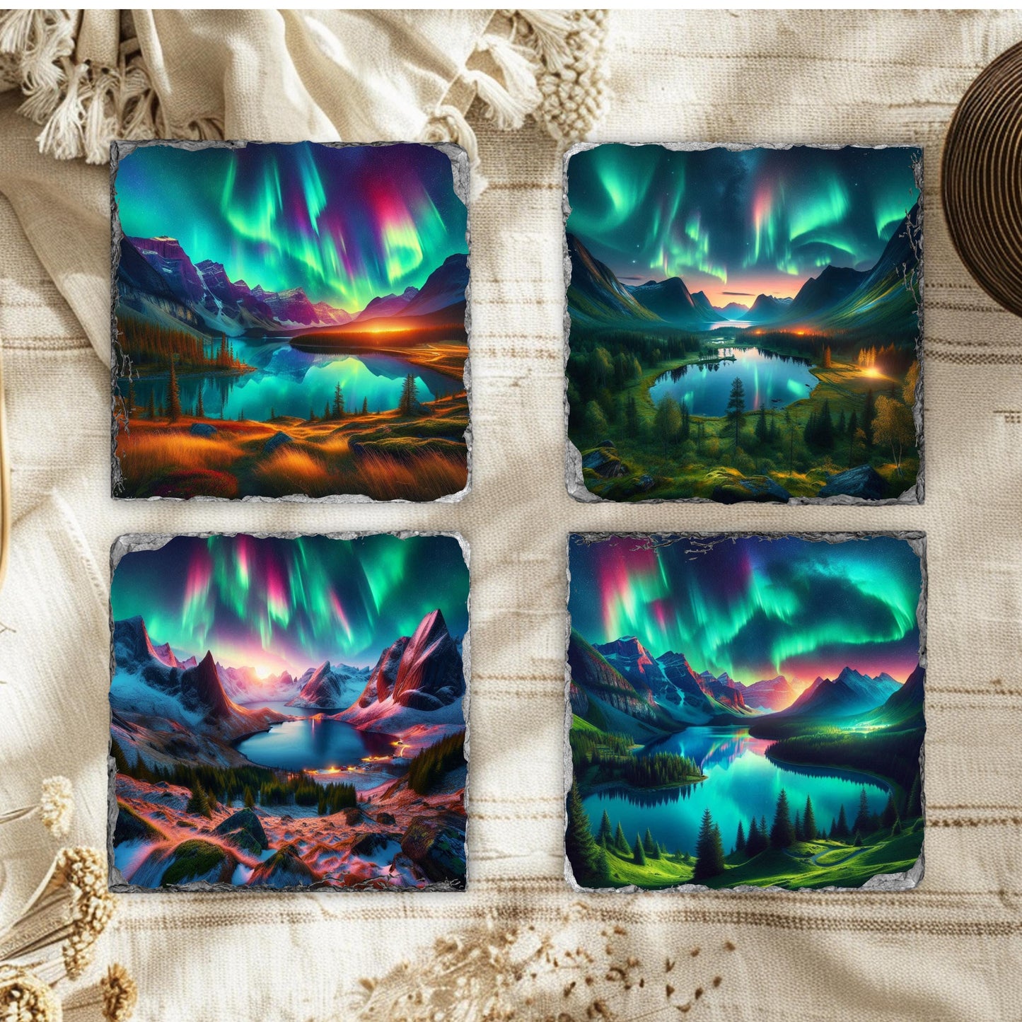 Mountain Lake Northern Lights Slate Coaster Set with Black Rack - Perfect Gift for Nature Lovers Featuring 4 Scenic Images and Fractured Edges
