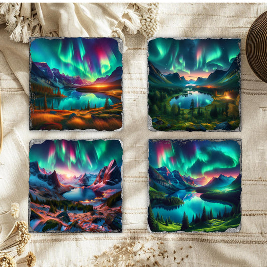 Mountain Lake Northern Lights Slate Coaster Set with Black Rack - Perfect Gift for Nature Lovers Featuring 4 Scenic Images and Fractured Edges