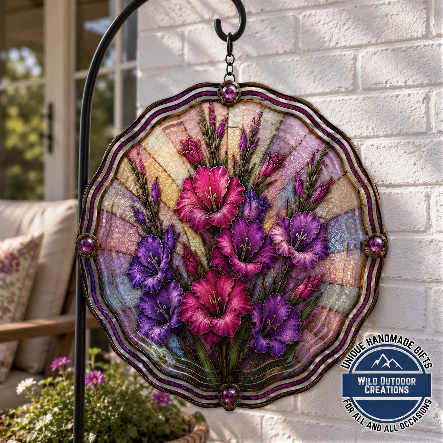 August Birth Flower Gladiolus Wind Spinner 10 Inch Faux Stained Glass Metal Garden Decor