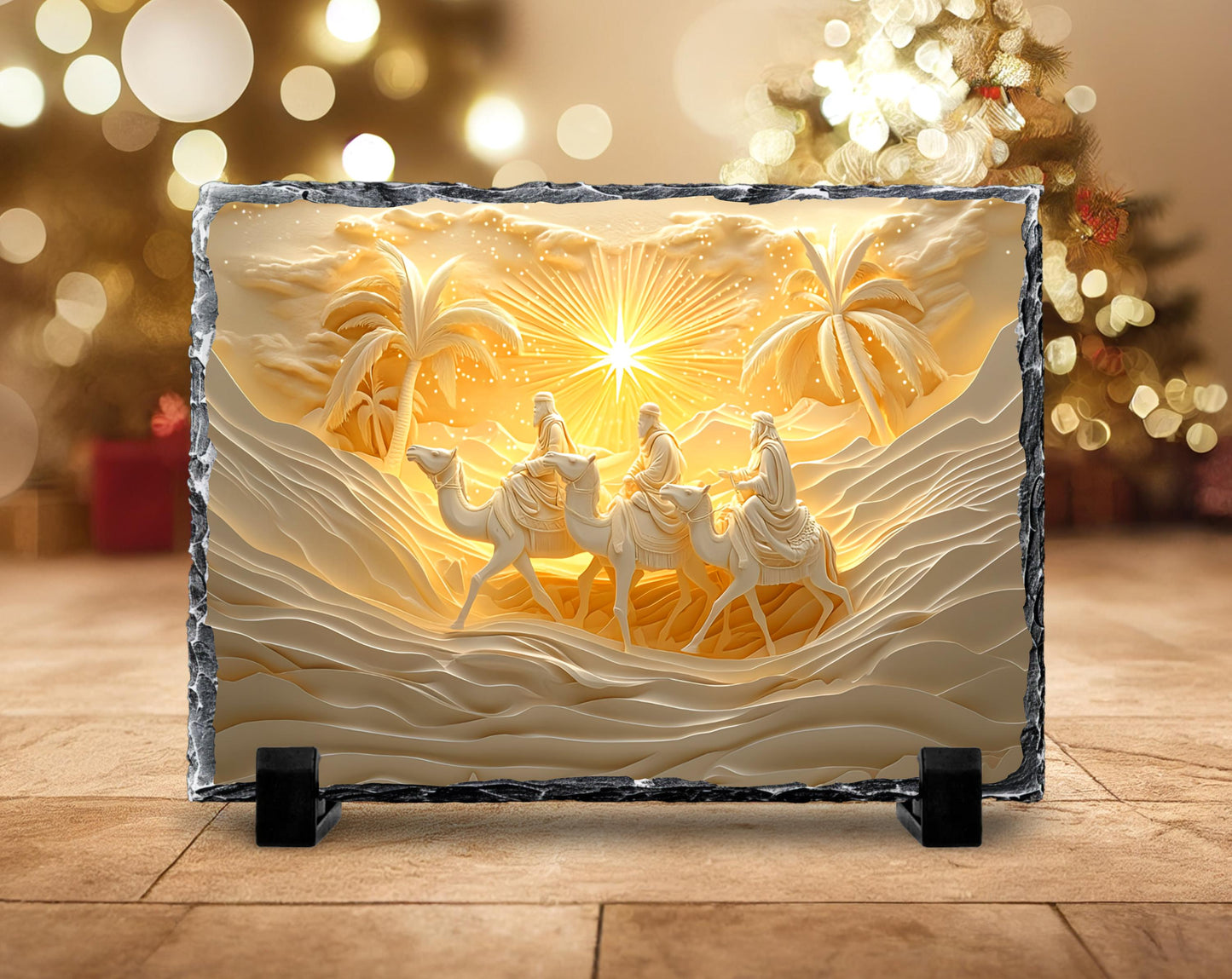 3 Wise Men Nativity Slate Plaque - Elegant Gold  White Design with Fractured Edge Ideal Christmas Gift or Religious Decor