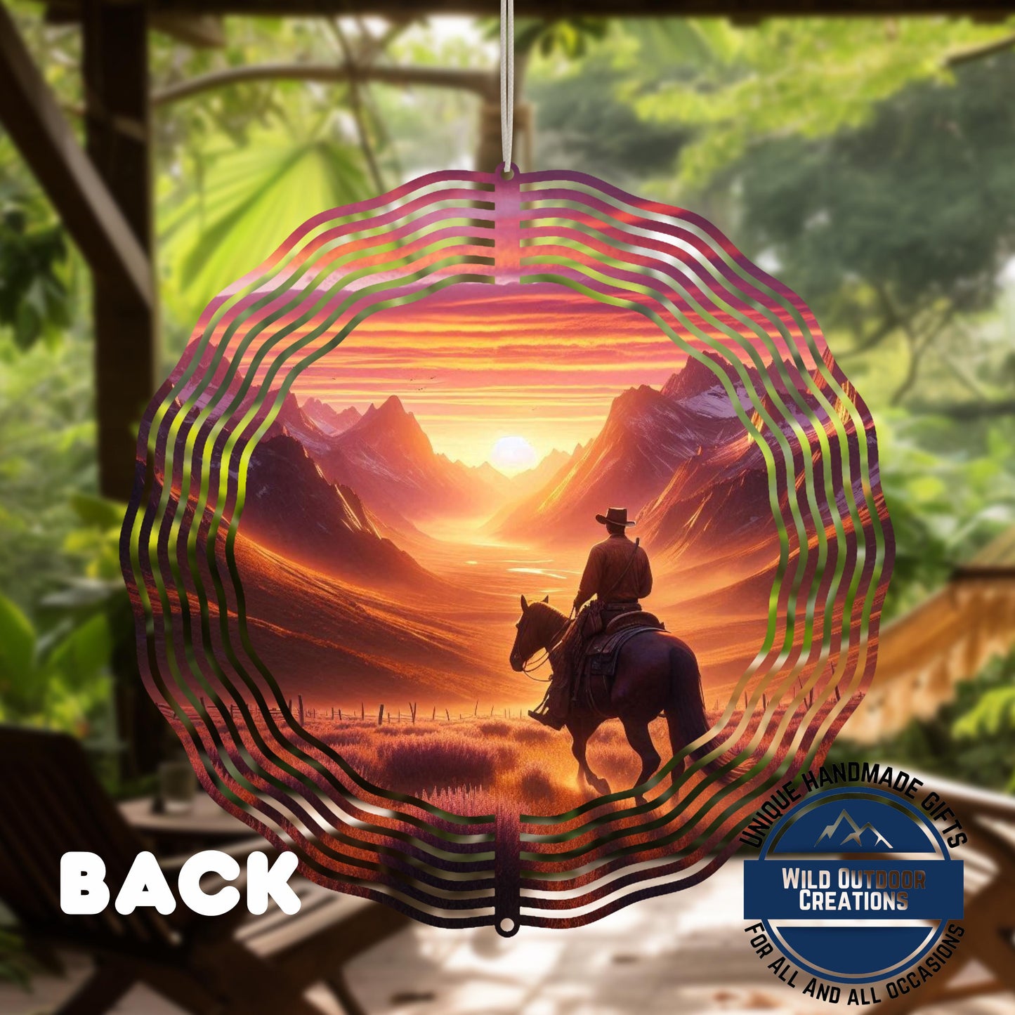 Cowboy Wind Spinner – Horse Sunset Scene | Outdoor Ranch Decor, 10 Inch