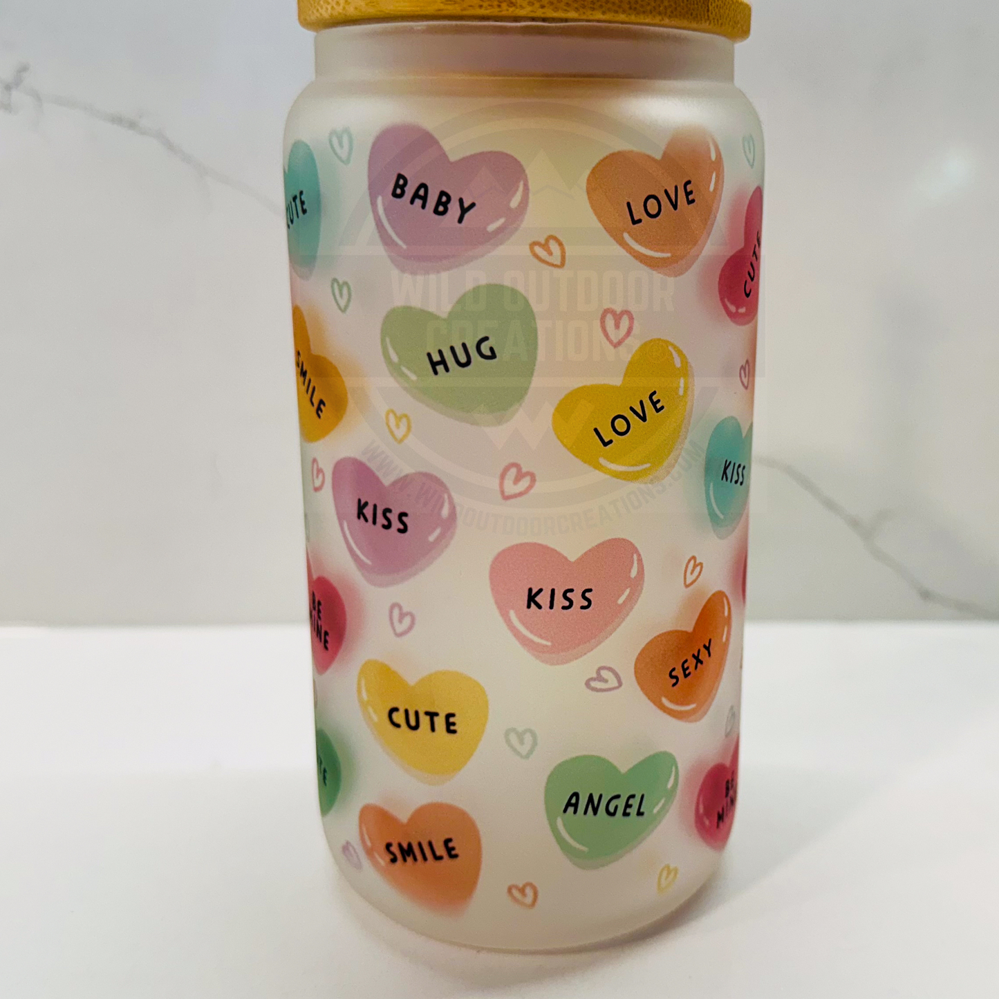 Conversation Heart 16oz Glass Can Tumbler, Valentine Glass Iced Coffee Cup