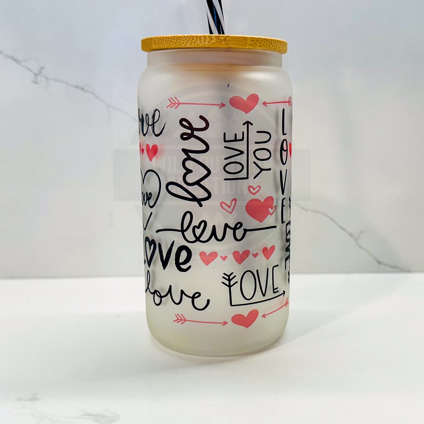 Iced Coffee Cup with Hearts, 16oz Glass Tumbler with Lid and Straw