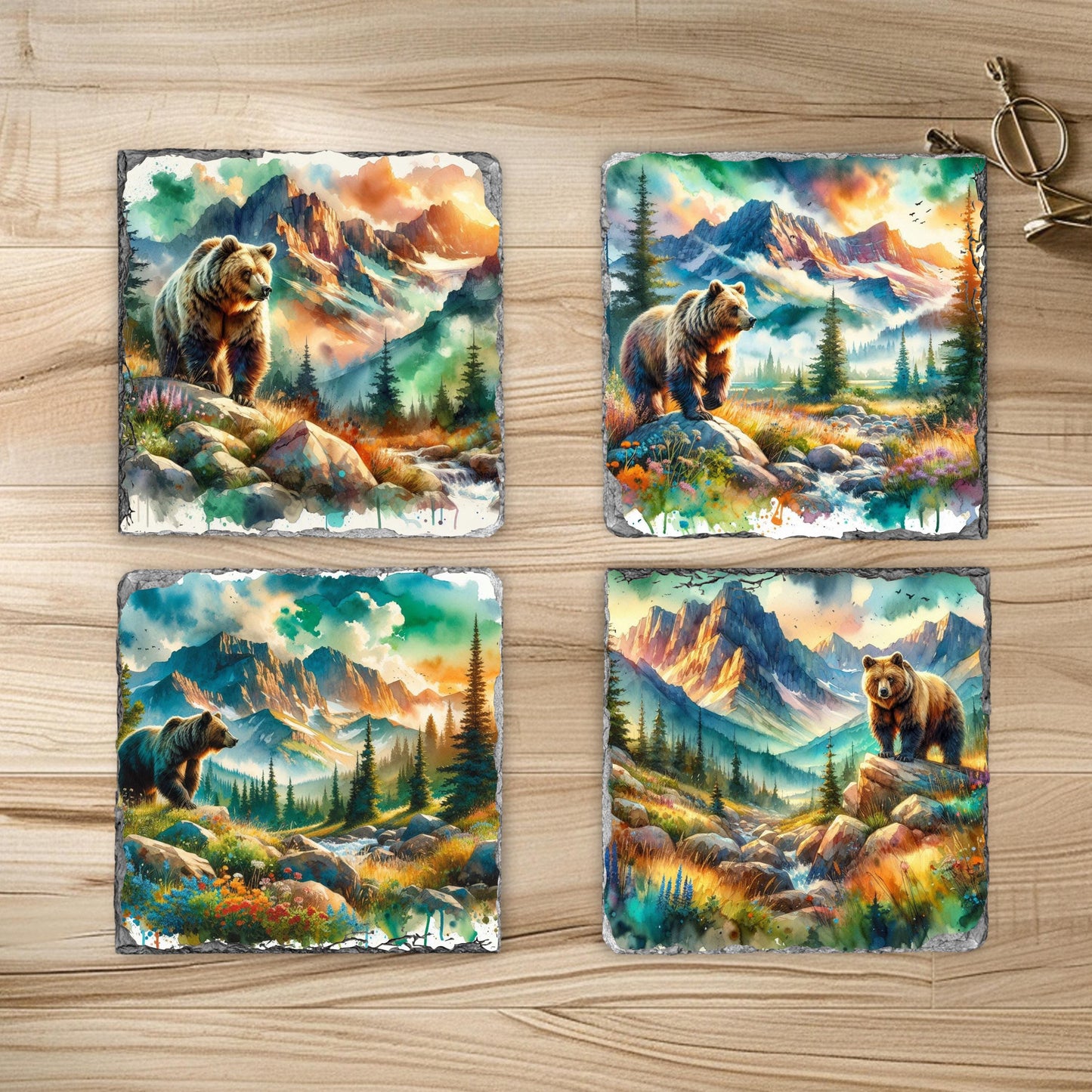 Brown Bear Mountain Watercolor Slate Coaster Set with Black Rack  Unique Nature Gift for Wildlife Enthusiasts