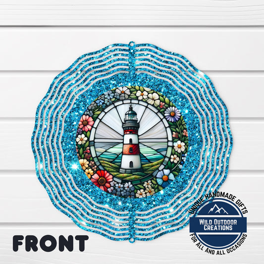 Coastal Lighthouse Wind Spinner – Aluminum Outdoor Garden Decor with Blue Glitter