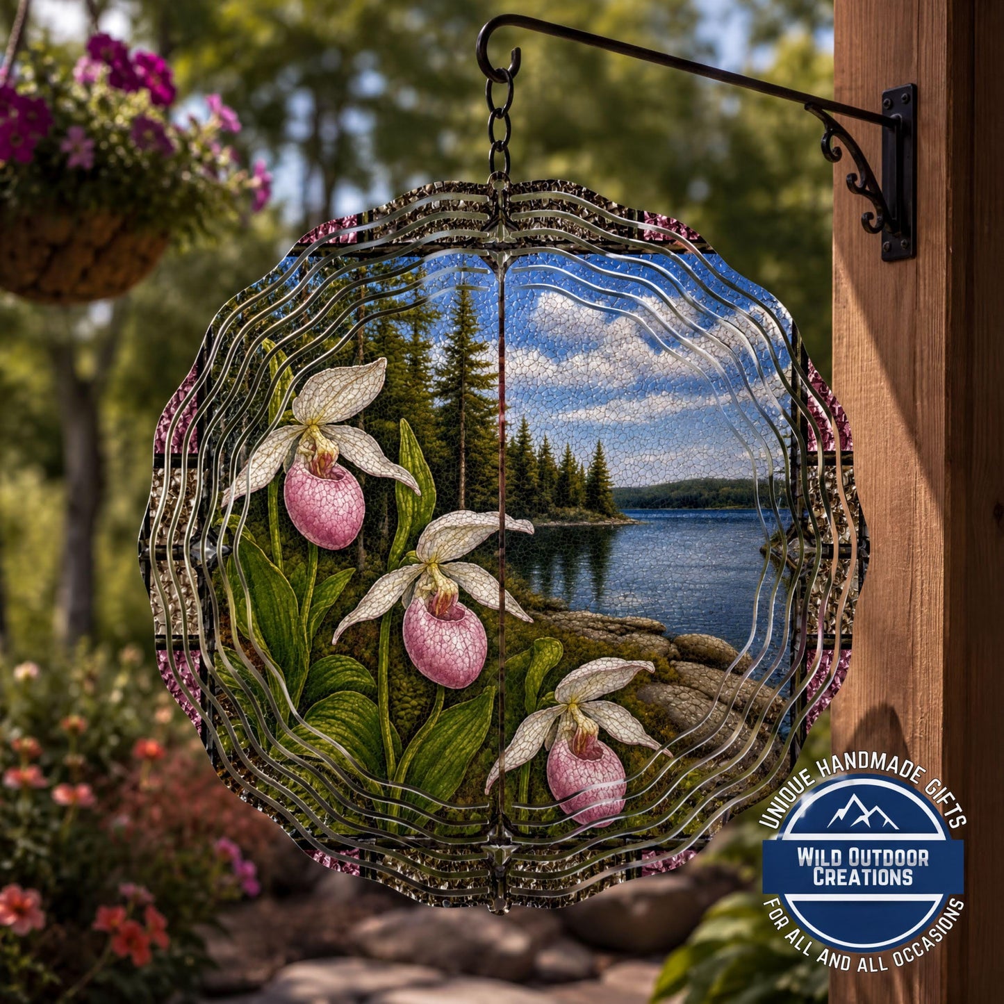 Minnesota State Flower Lady Slipper Wind Spinner Stained Glass Look Lighthouse Decor 10 Inch
