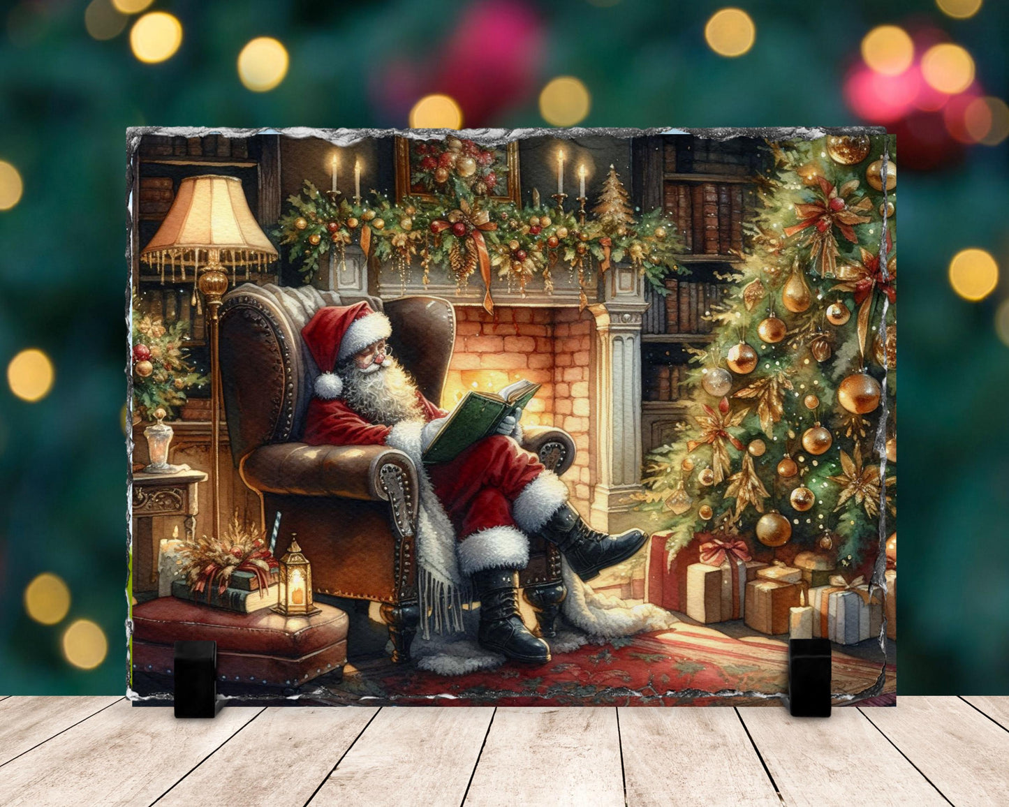 Cozy Santa Reading Slate with Fireplace  Tree - Charming Christmas Mantle Accent
