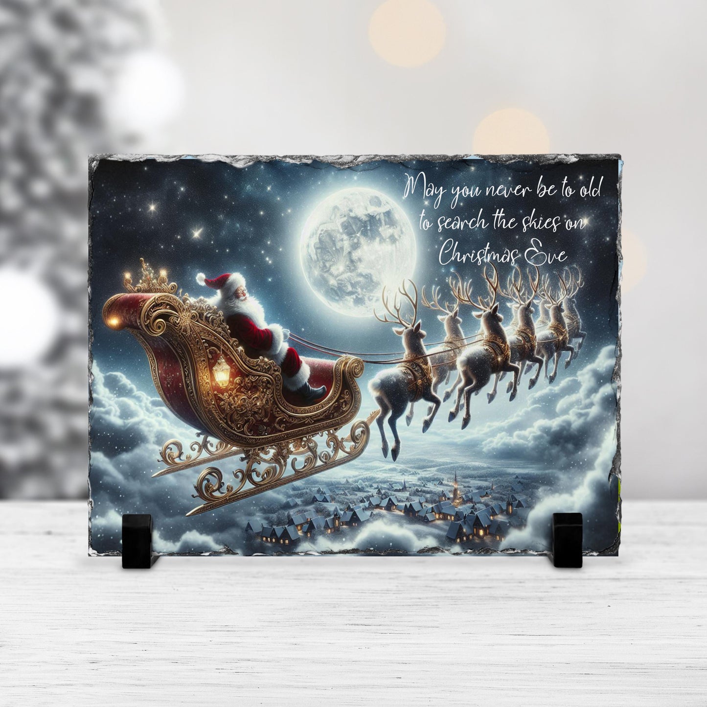 Handcrafted Holiday Slate Art with Santa  Reindeer  Full Moon Scene for Festive Home Decor