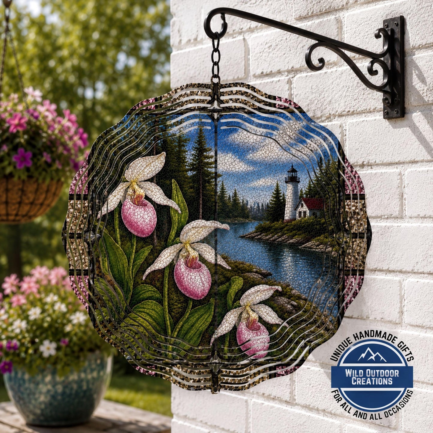 Minnesota State Flower Lady Slipper Wind Spinner Stained Glass Look Lighthouse Decor 10 Inch