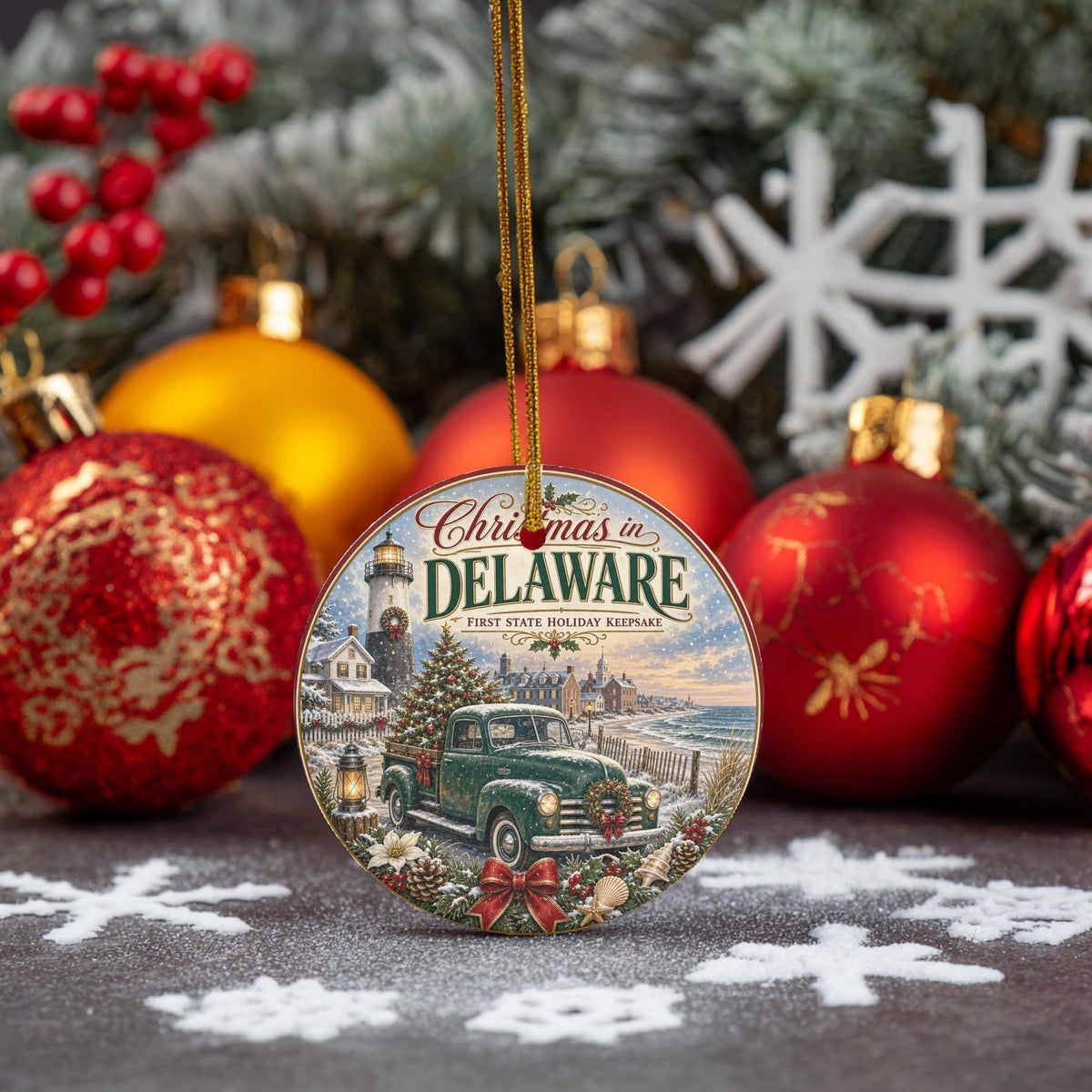 Delaware Christmas Ornament, Coastal Lighthouse Vintage Truck Art