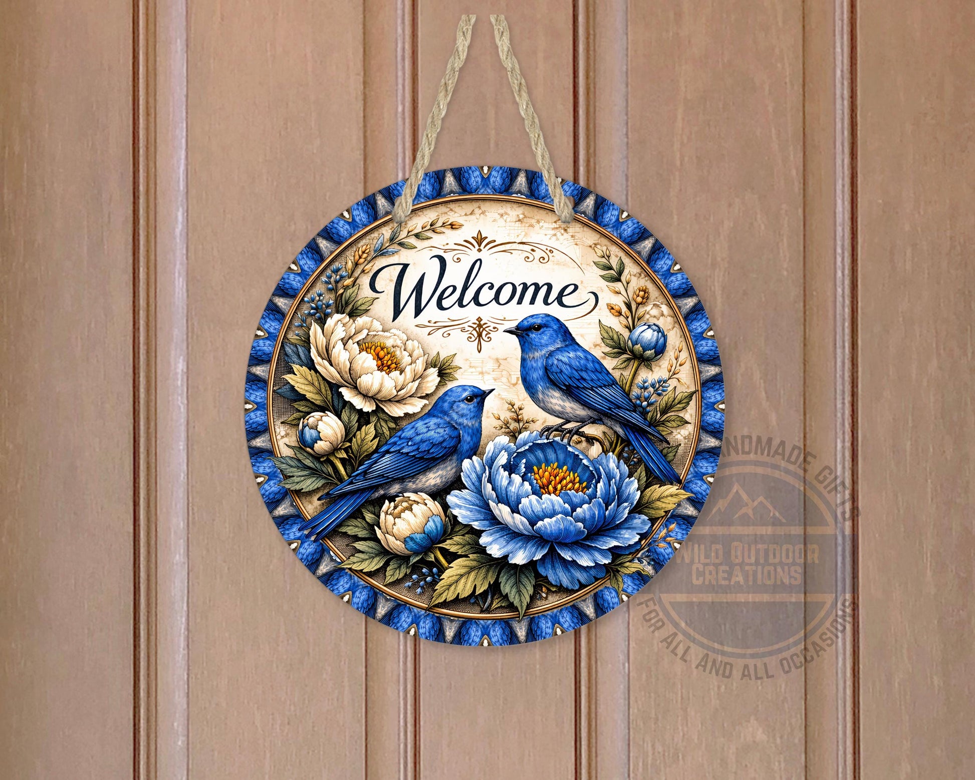 Bluebird Welcome Sign - Round Door Hanger With Floral Porch Decor, UV Coated - packaging and presentation
