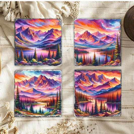 Slate Coaster Set with Vibrant Sunset Mountain Lake Images  Fractured Edges Perfect Gift for Nature Lovers