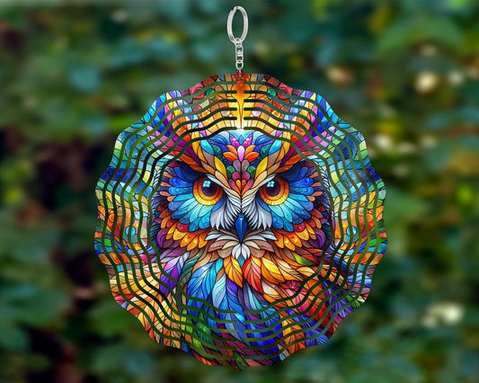 Vibrant Owl Head Wind Spinner with UV Protection, Nature Inspired Housewarming Gift, Bird Watcher Gift, Hanging Wind Sculpture, Owl Lovers