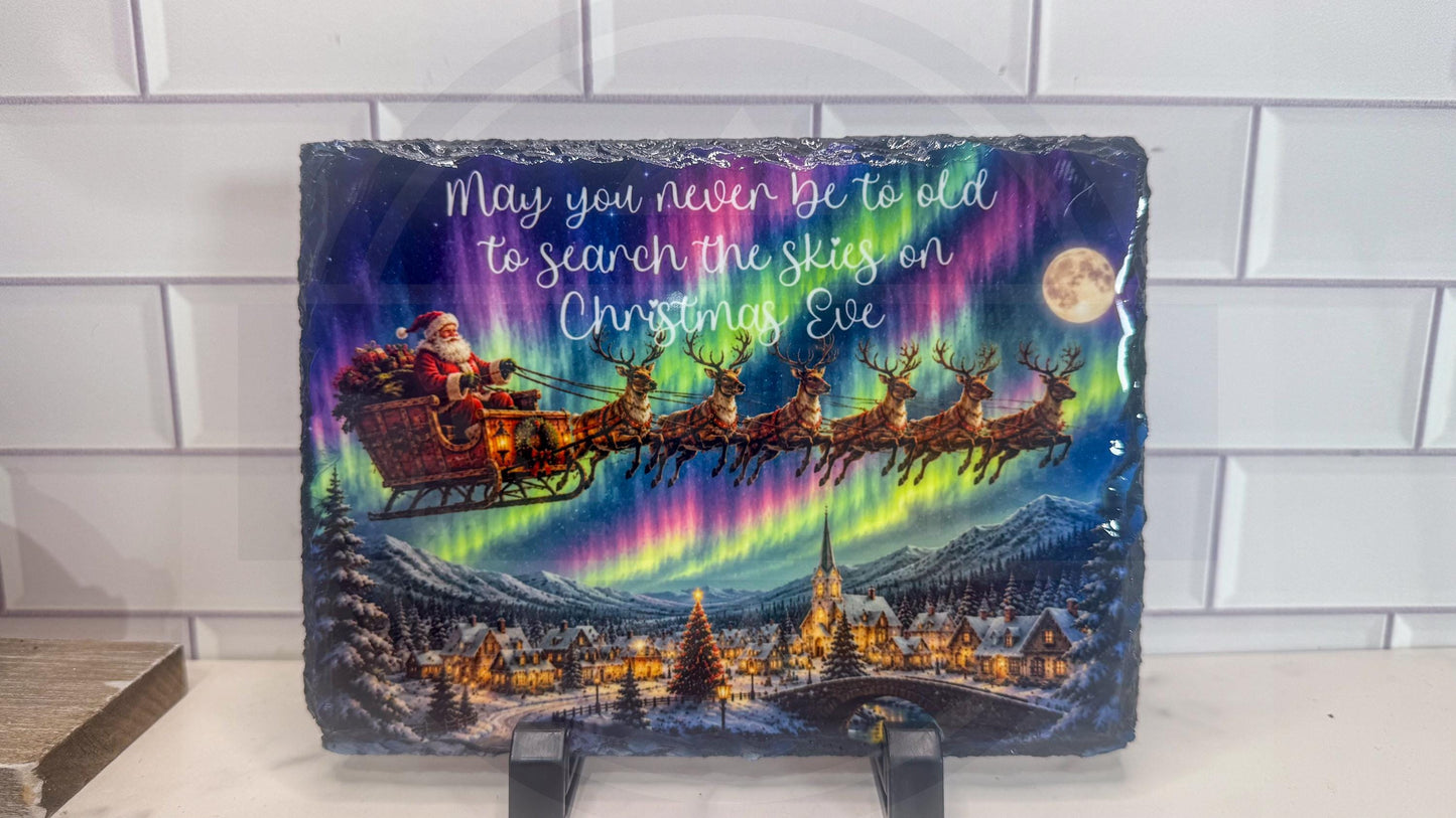 Santa Sleigh Northern Lights Slate Plaque, Christmas Eve Quote Wall Art