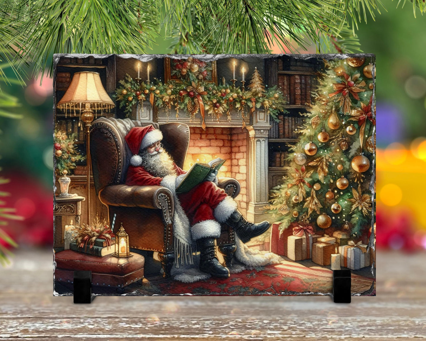 Cozy Santa Reading Slate with Fireplace  Tree - Charming Christmas Mantle Accent