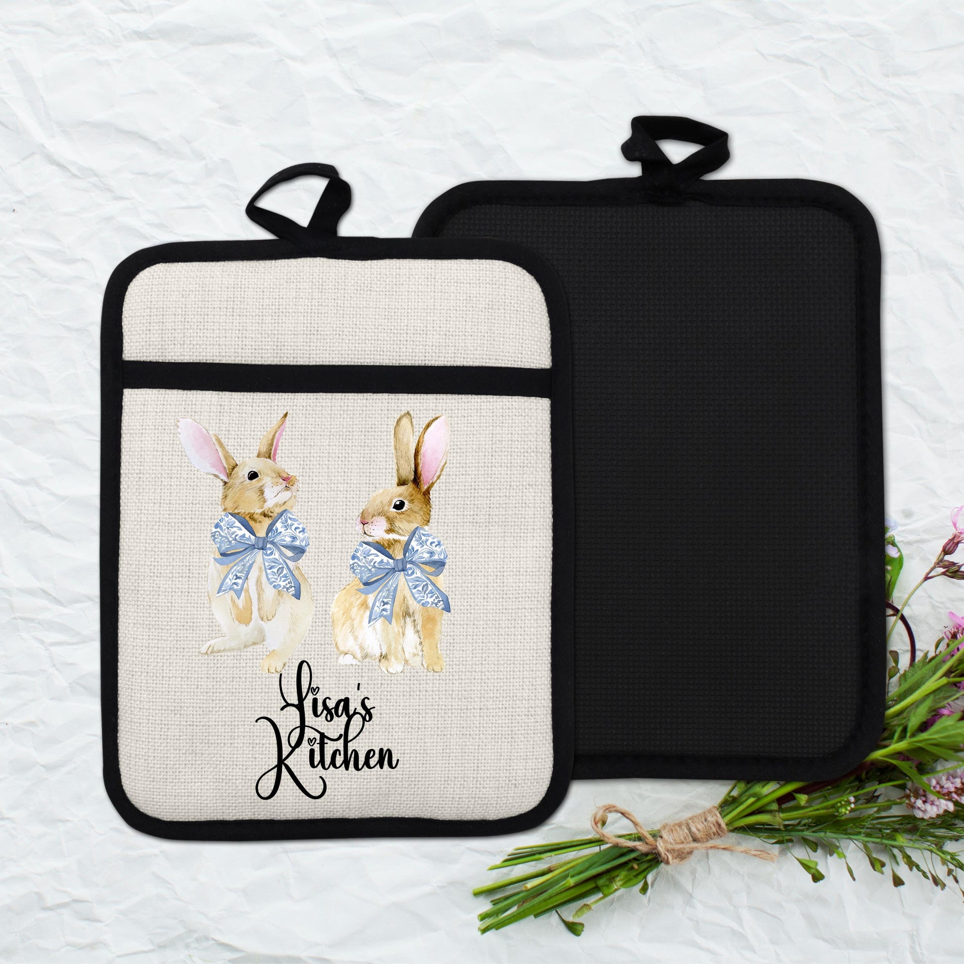 Personalized Easter Pot Holder - Custom Bunny Kitchen Gift with Chinoiserie Blue Design - additional product photo 13