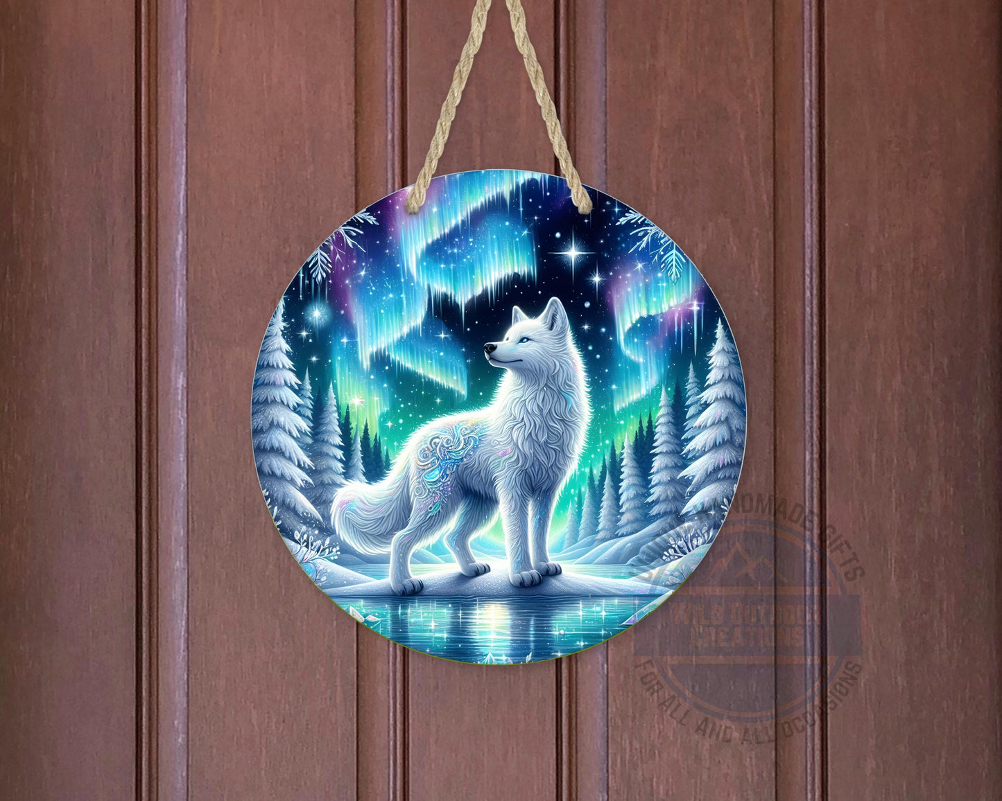 Wolf Door Hanger - Northern Lights Art | Rustic Cabin Sign, Outdoor Decor