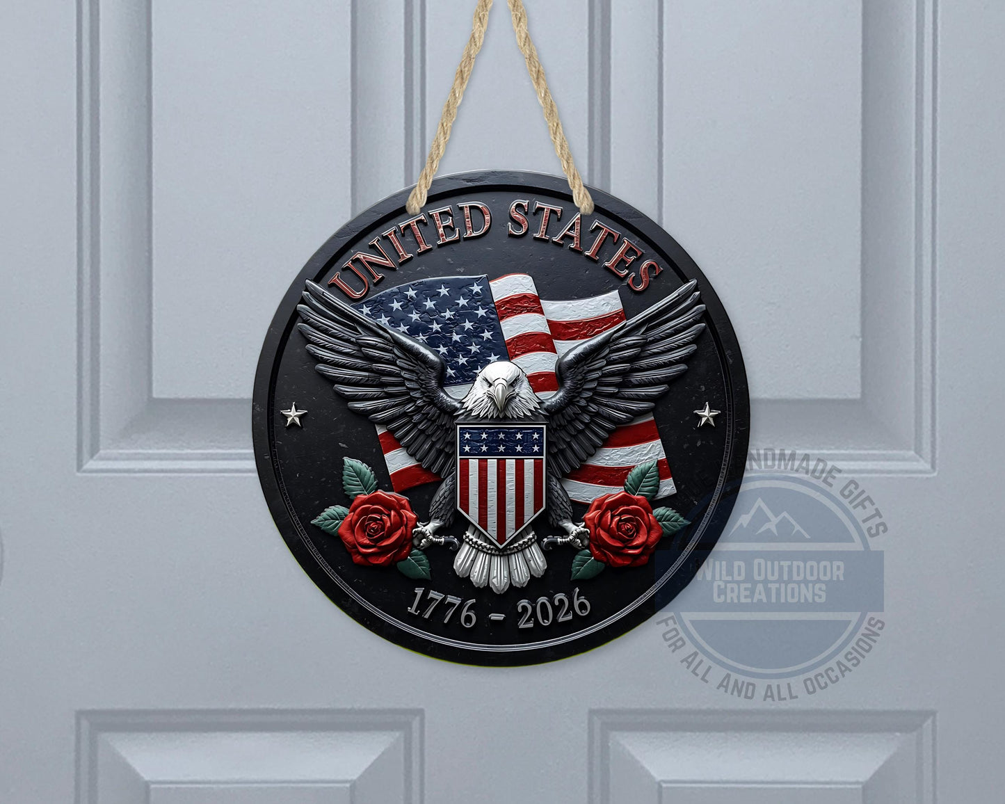 American Eagle Door Hanger - Round Aluminum Patriotic Door Sign, Veteran Gift Idea