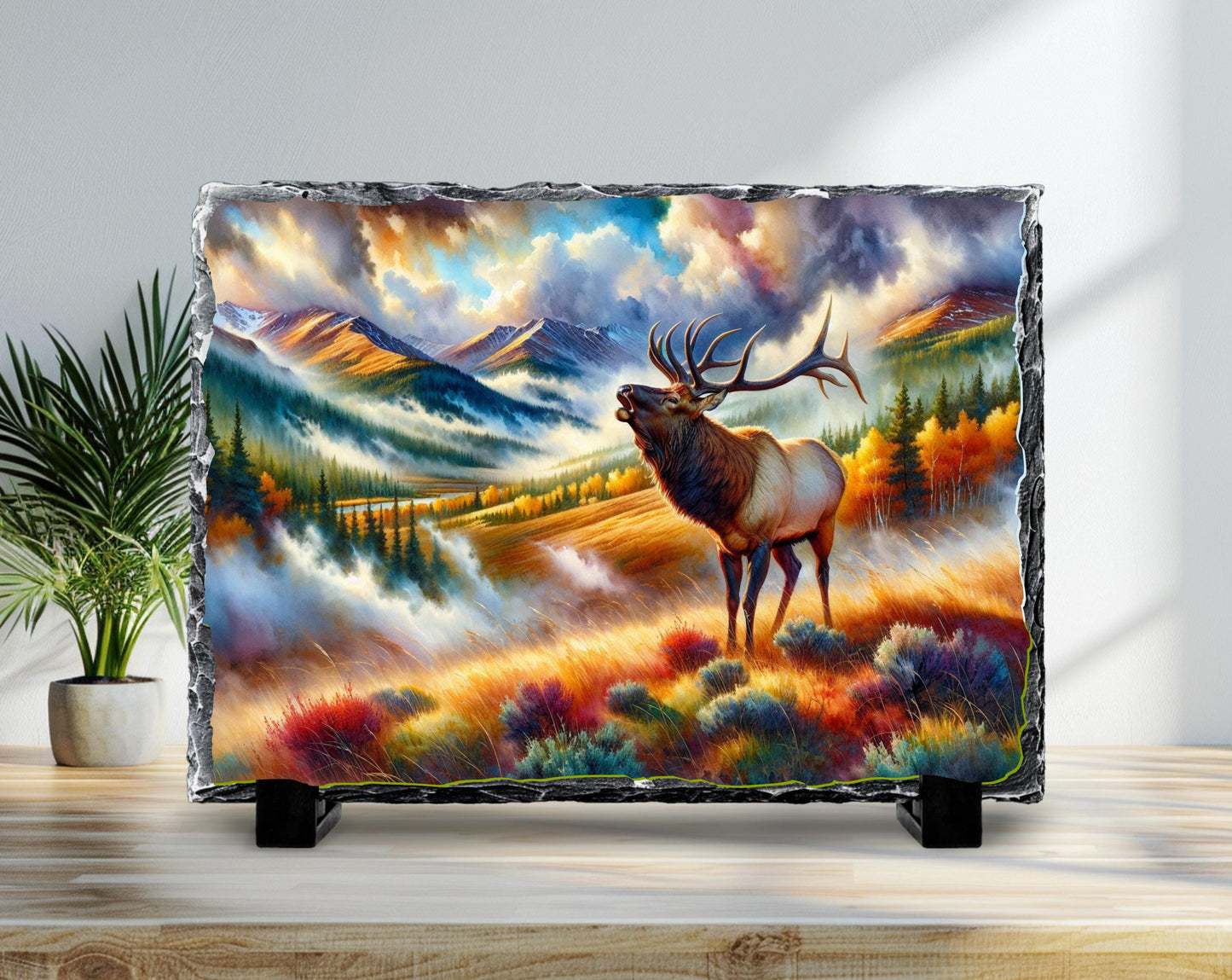 Bugling Elk Slate Plaque - Autumn Mountain Scene Wildlife Art for Rustic Cabin Decor