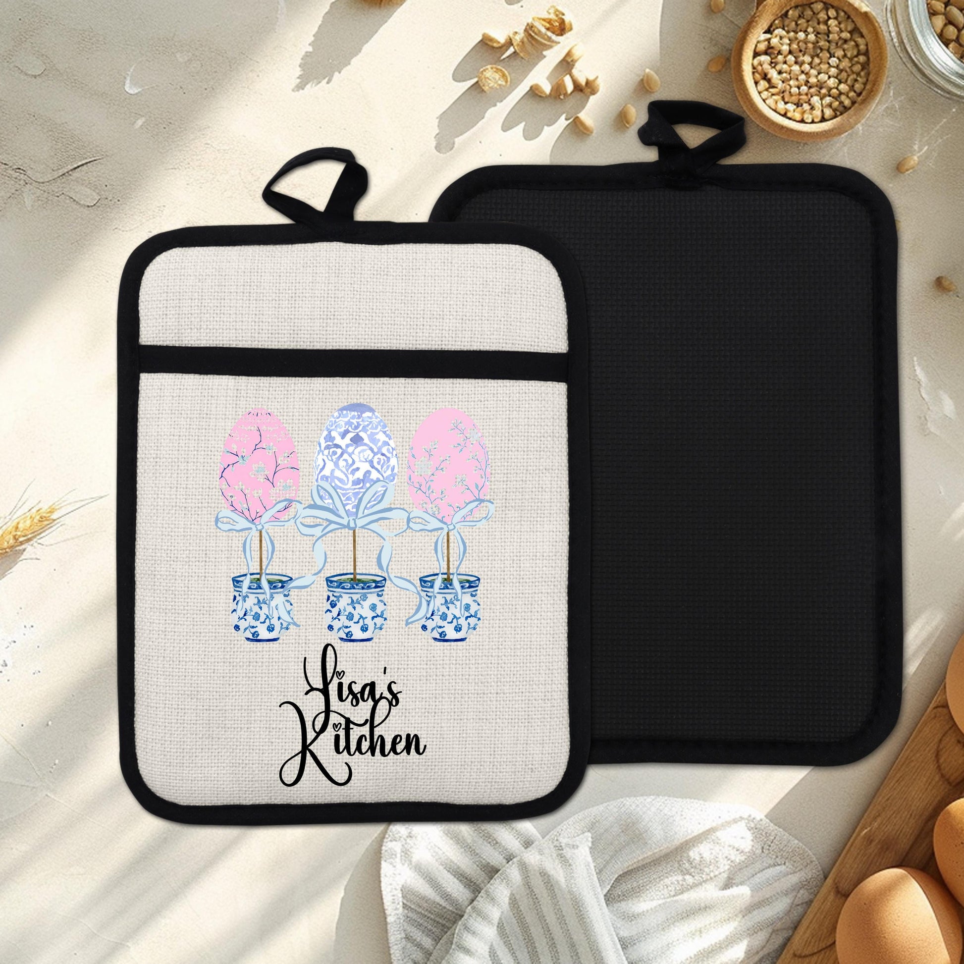 Personalized Easter Pot Holder – Custom Linen Kitchen Gift with Chinoiserie Eggs