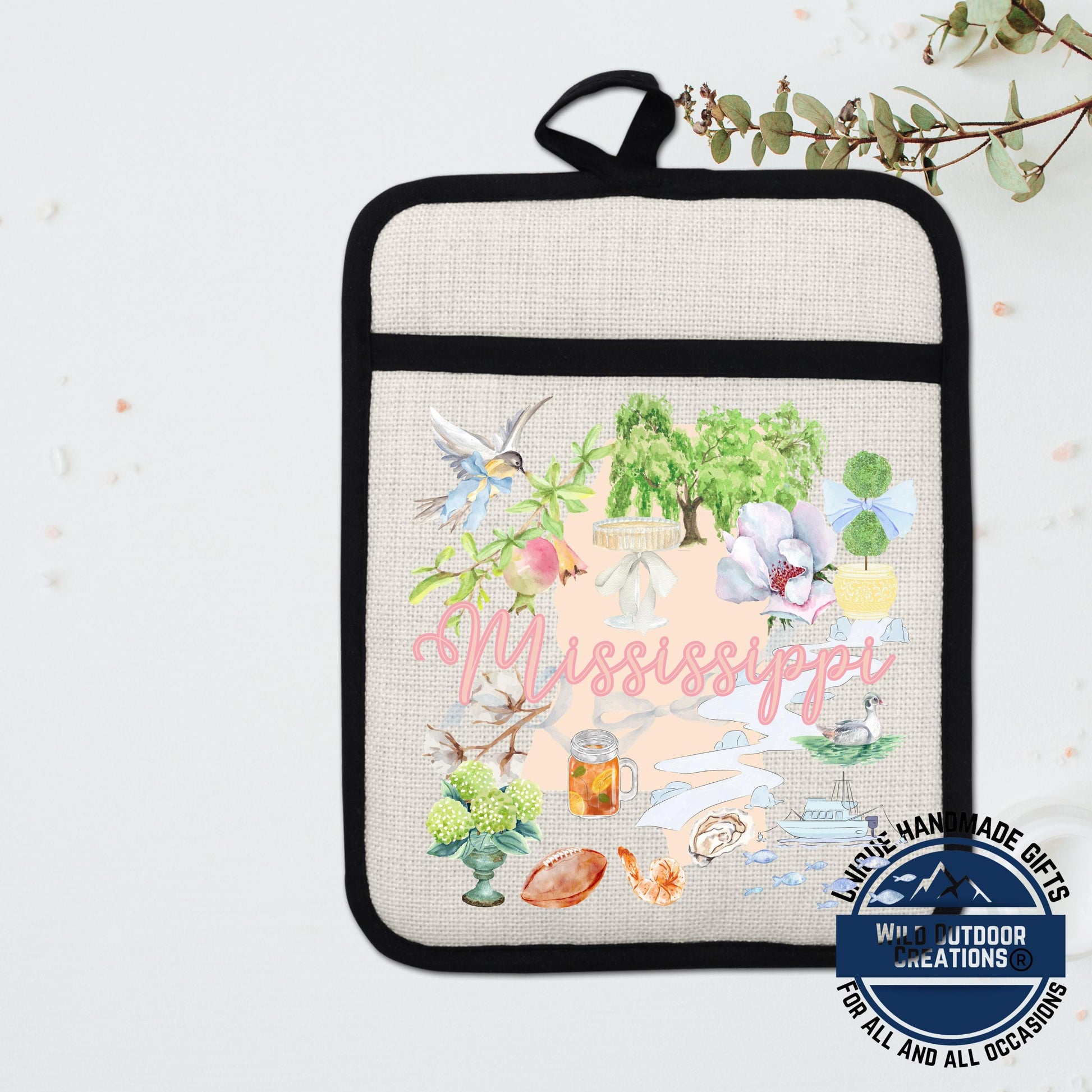 Mississippi Pot Holder | Non Slip Silicone Linen Pocket Potholder With Magnolia Design - lifestyle view