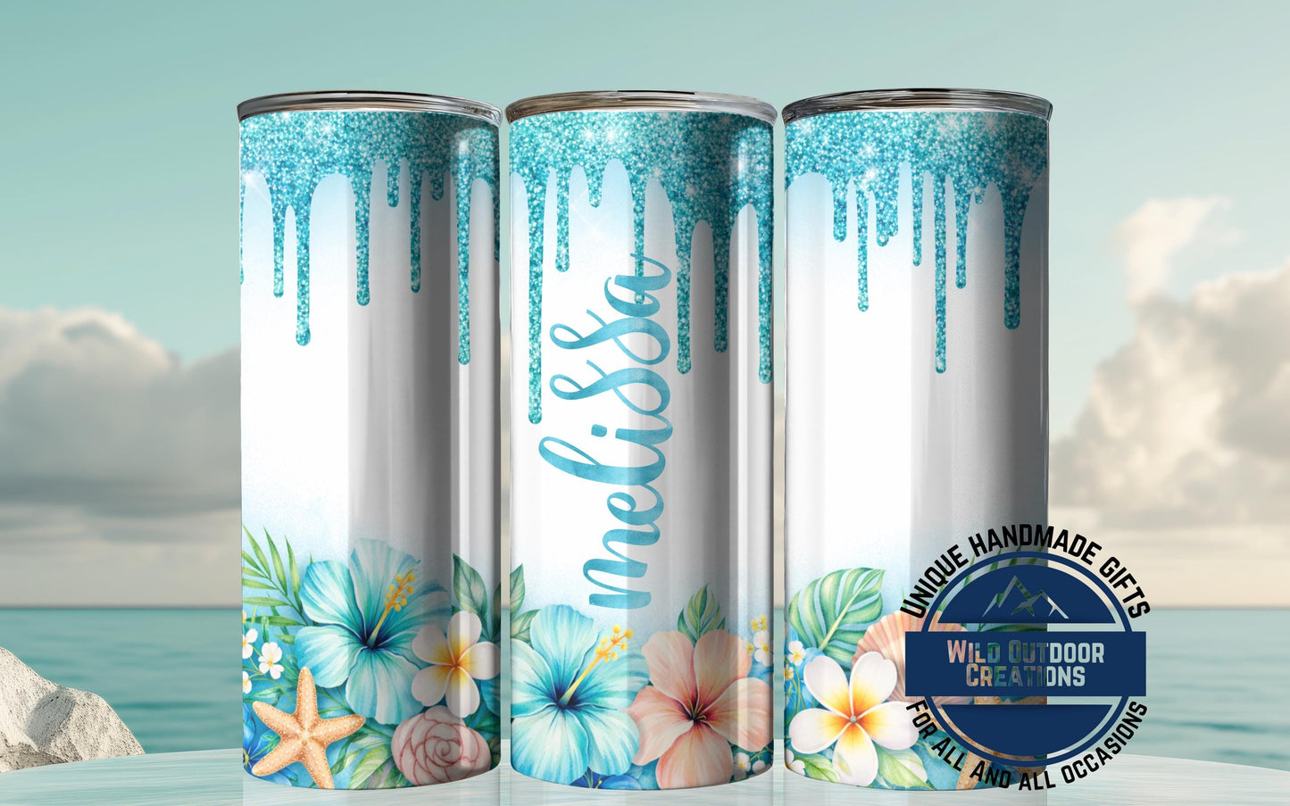 Personalized Tropical Tumbler - Double Wall Tumbler With Floral Beach Design & Glow Green