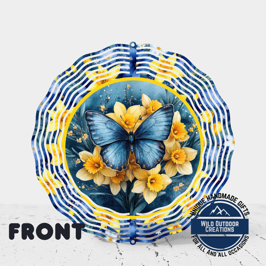 Daffodil Wind Spinner – Blue Butterfly Garden Decor, 10-Inch Aluminum Outdoor