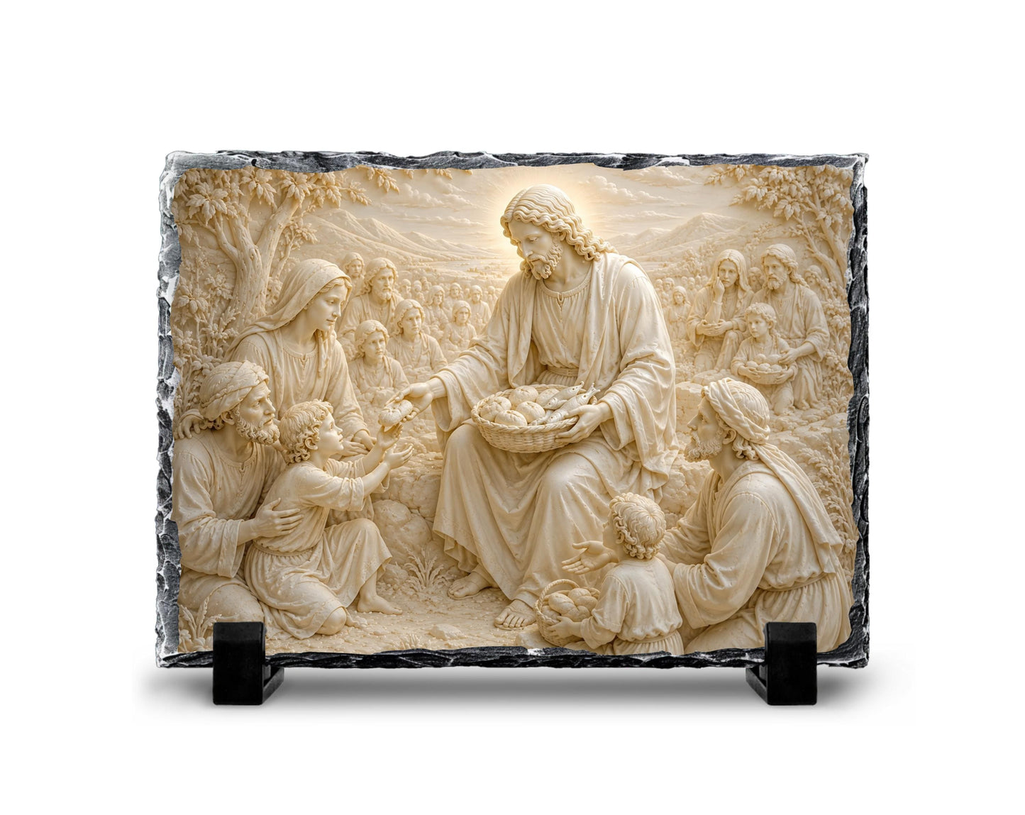 Jesus Feeding the 5000 Slate Plaque, Loaves Fishes Miracle Religious Decor, Christian Gift