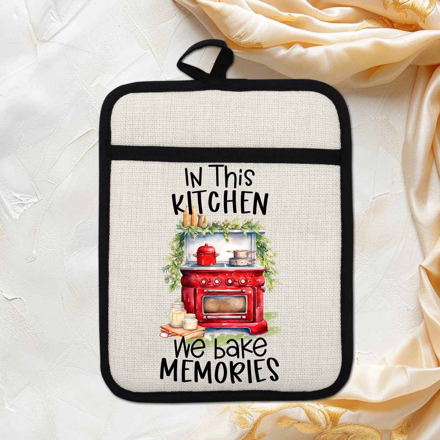 Red Farmhouse Oven Pot Holder - We Bake Memories Quote Rustic Linen Hot Pad for Christmas Kitchen Decor  Holiday Gifts