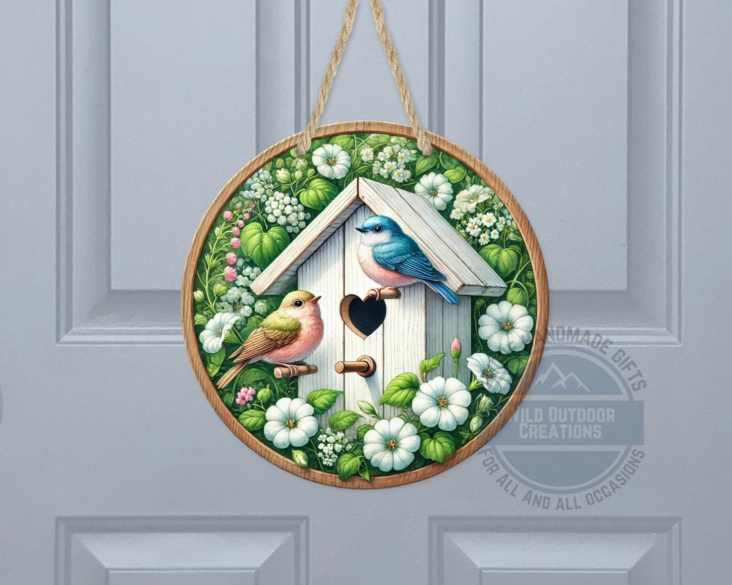 Birdhouse Door Hanger – Spring Door Decor with Songbird Porch Welcome Sign