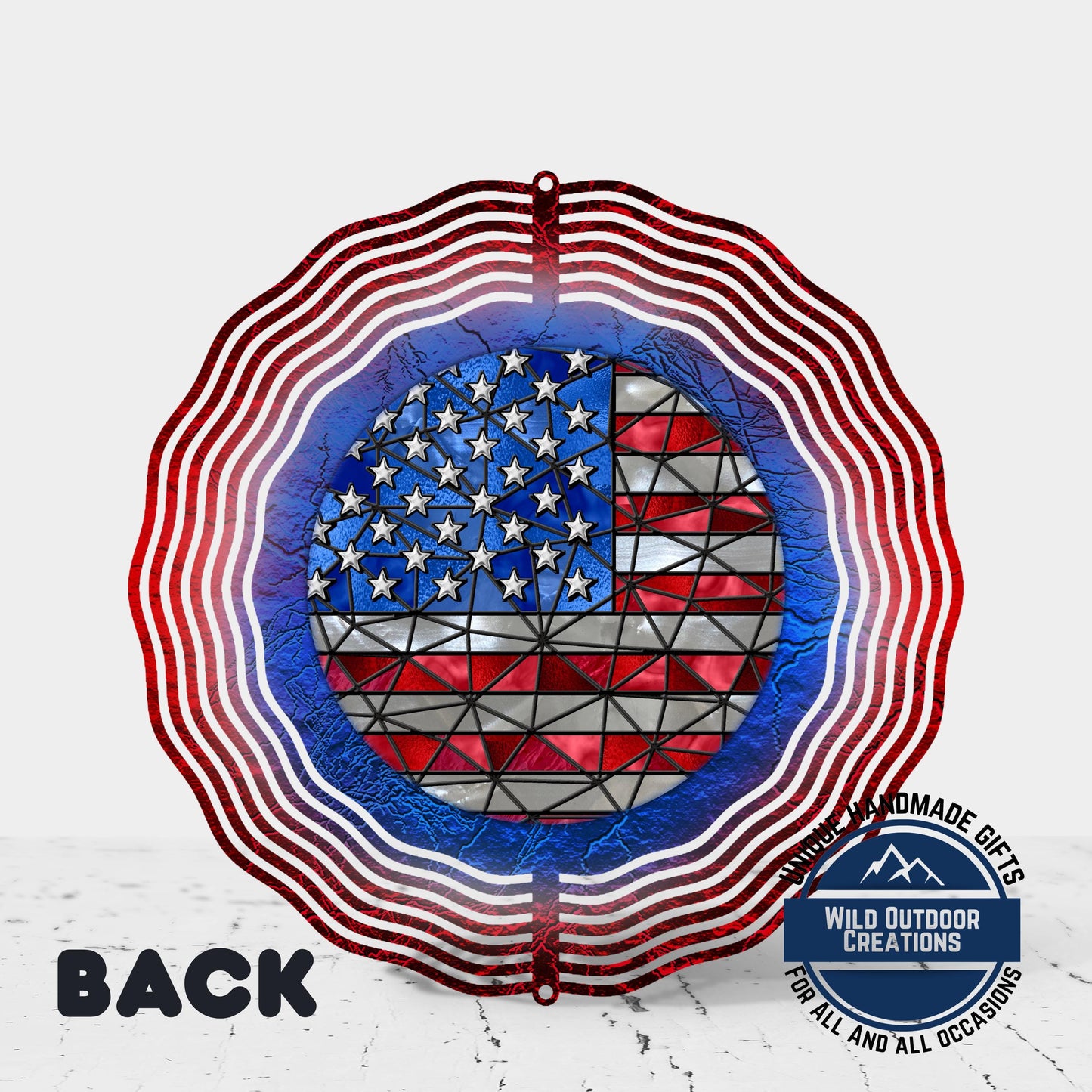 a patriotic design with a circular motif resembling the American flag, surrounded by red and white striped patterns.