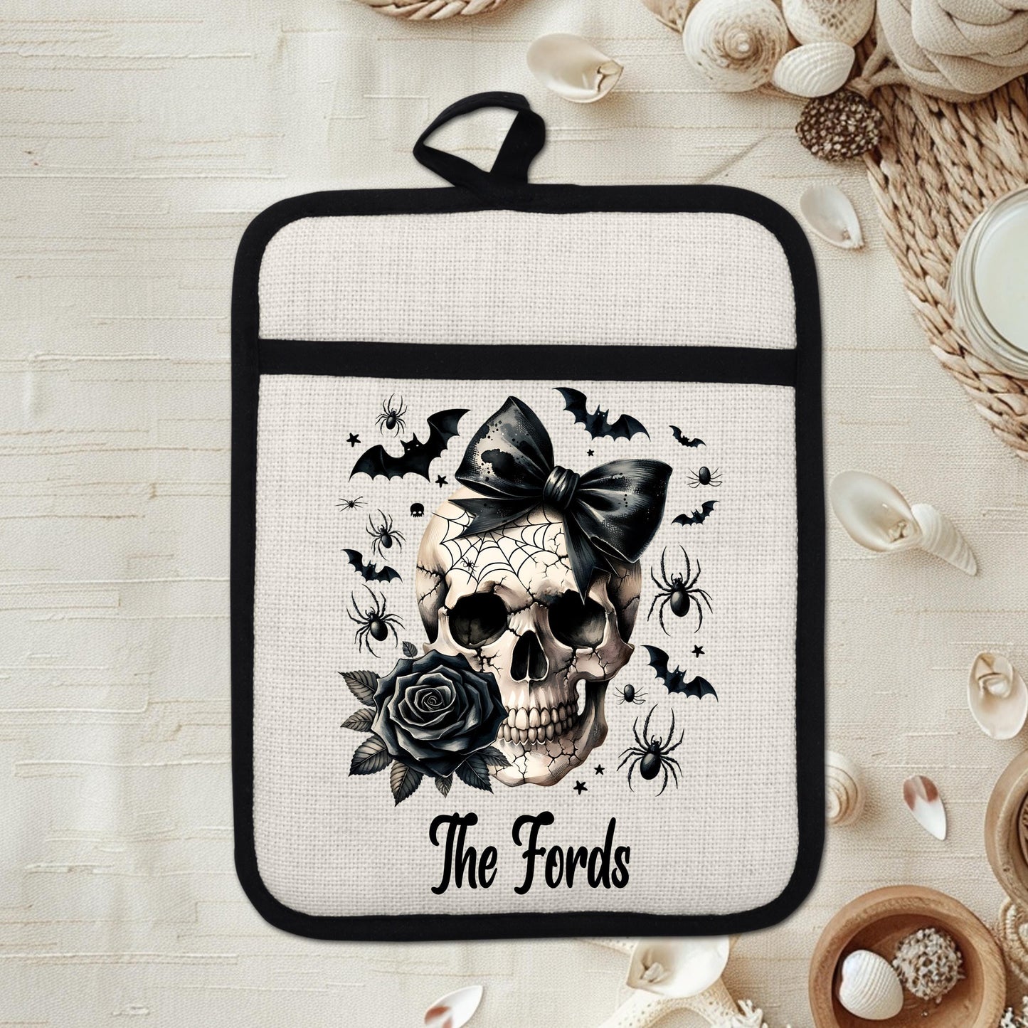 Personalized Skull Pot Holder, Gothic Halloween Decor, Goth Kitchen Gift, Witchy Kitchen