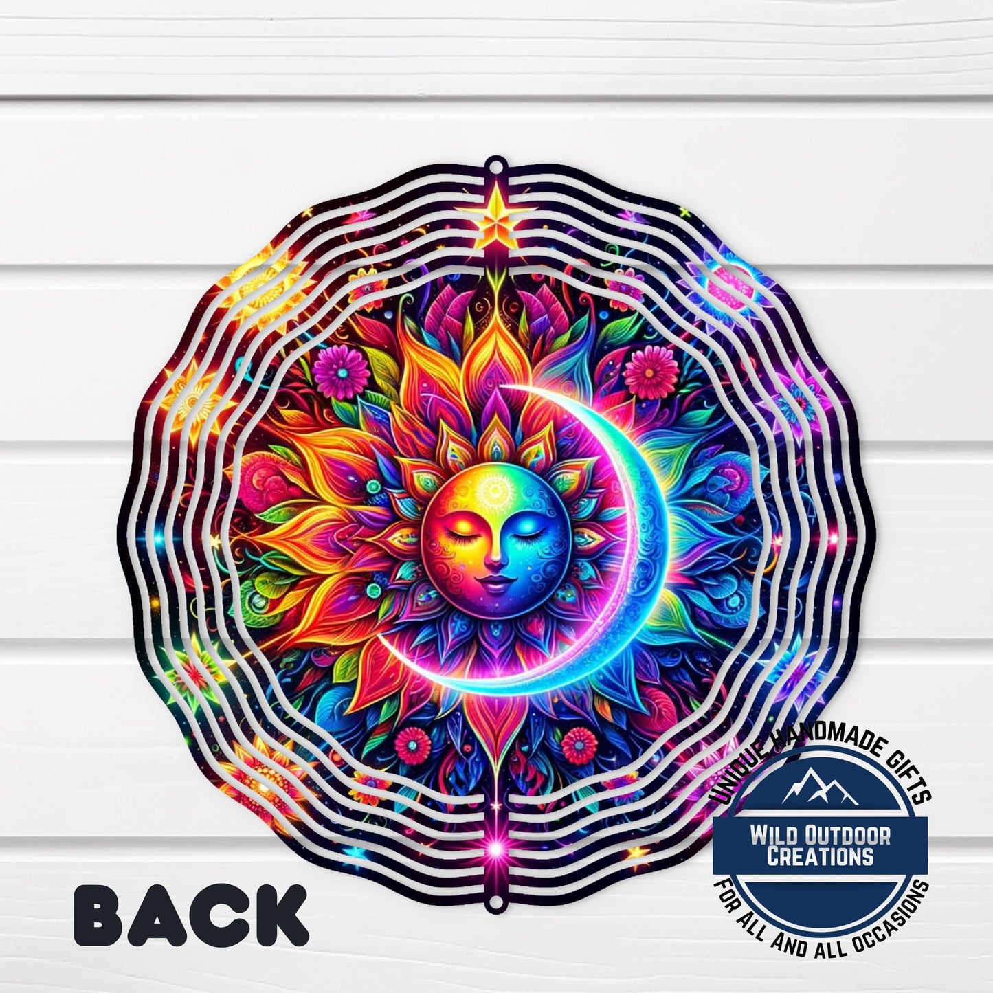 Celestial Wind Spinner - Neon Sun Moon Design | Double Sided Aluminum Spinner