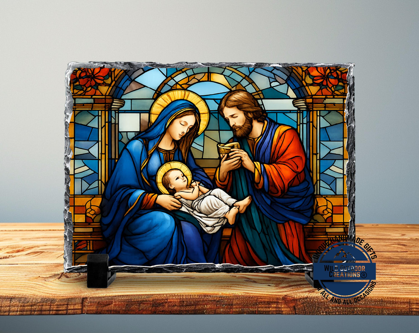 Holy Family Faux Stained Glass Slate Plaque, Mary Joseph Baby Jesus Religious Gift