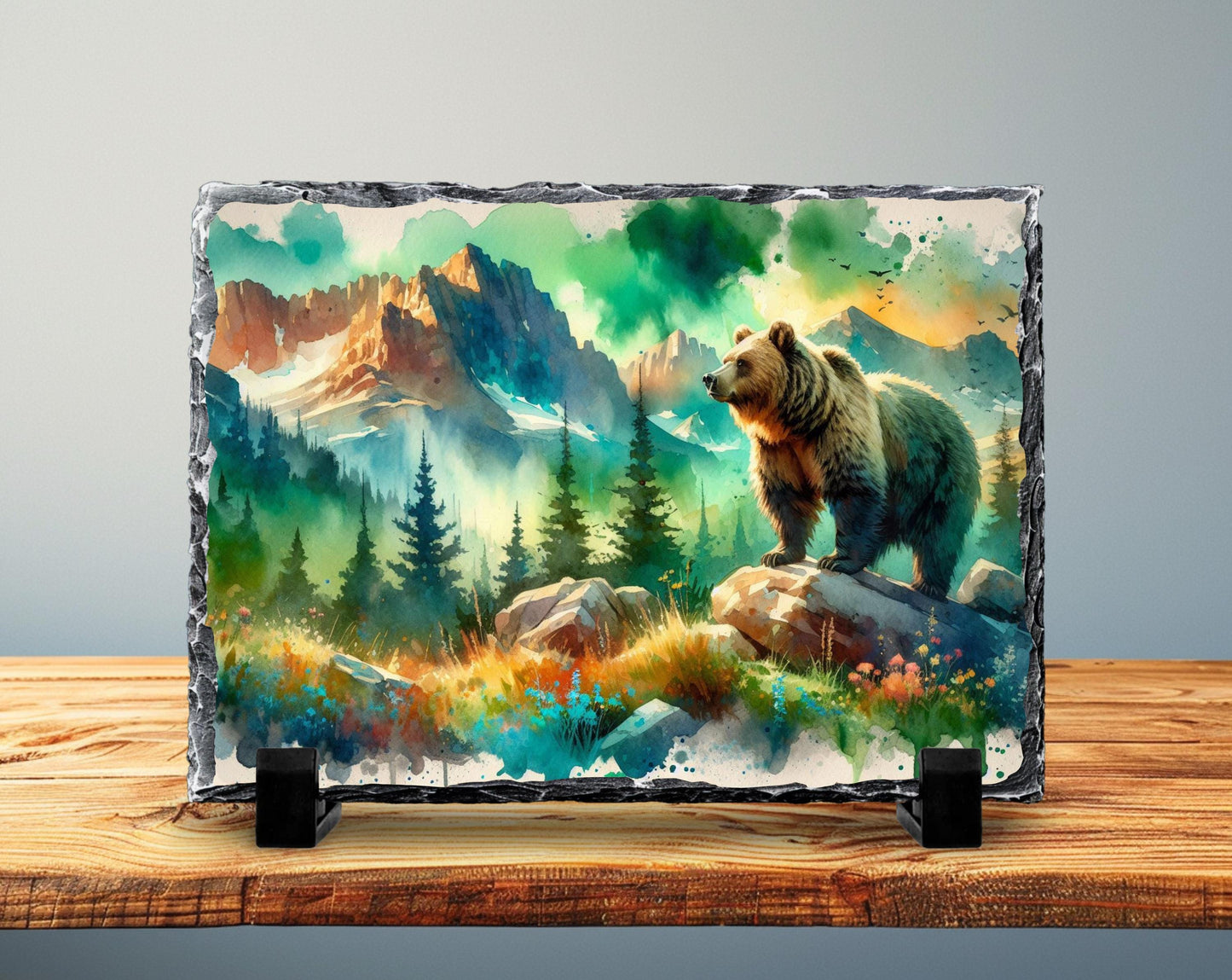 Rustic Bear Slate Plaque - Scenic River  Mountain Forest Decor Gift