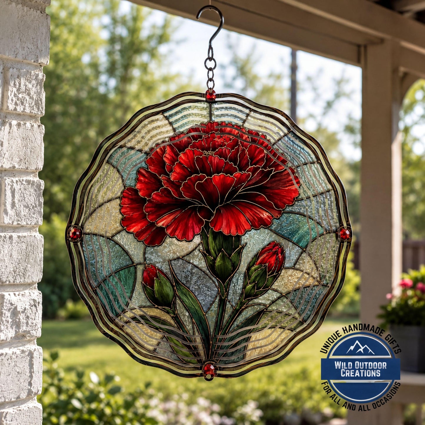 January Birth Flower Carnation Wind Spinner 10 Inch Faux Stained Glass Metal Garden Decor
